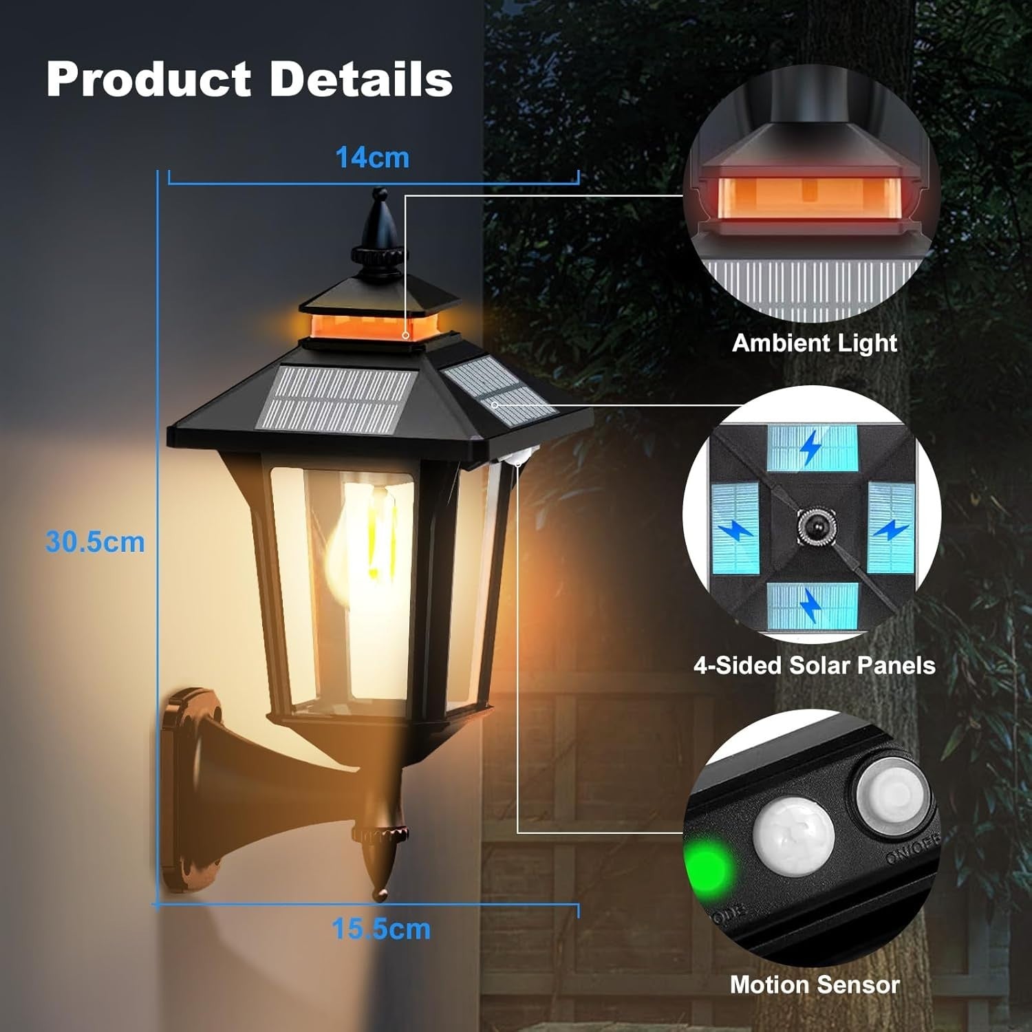 Vintage Solar Wall Lights 2 Pack Motion Sensor Outdoor IP65