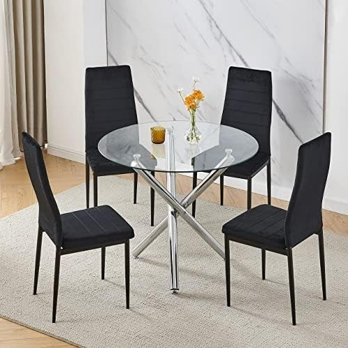 Modern 5-Piece Round Glass Dining Table Set with 4 Black Velvet Chairs