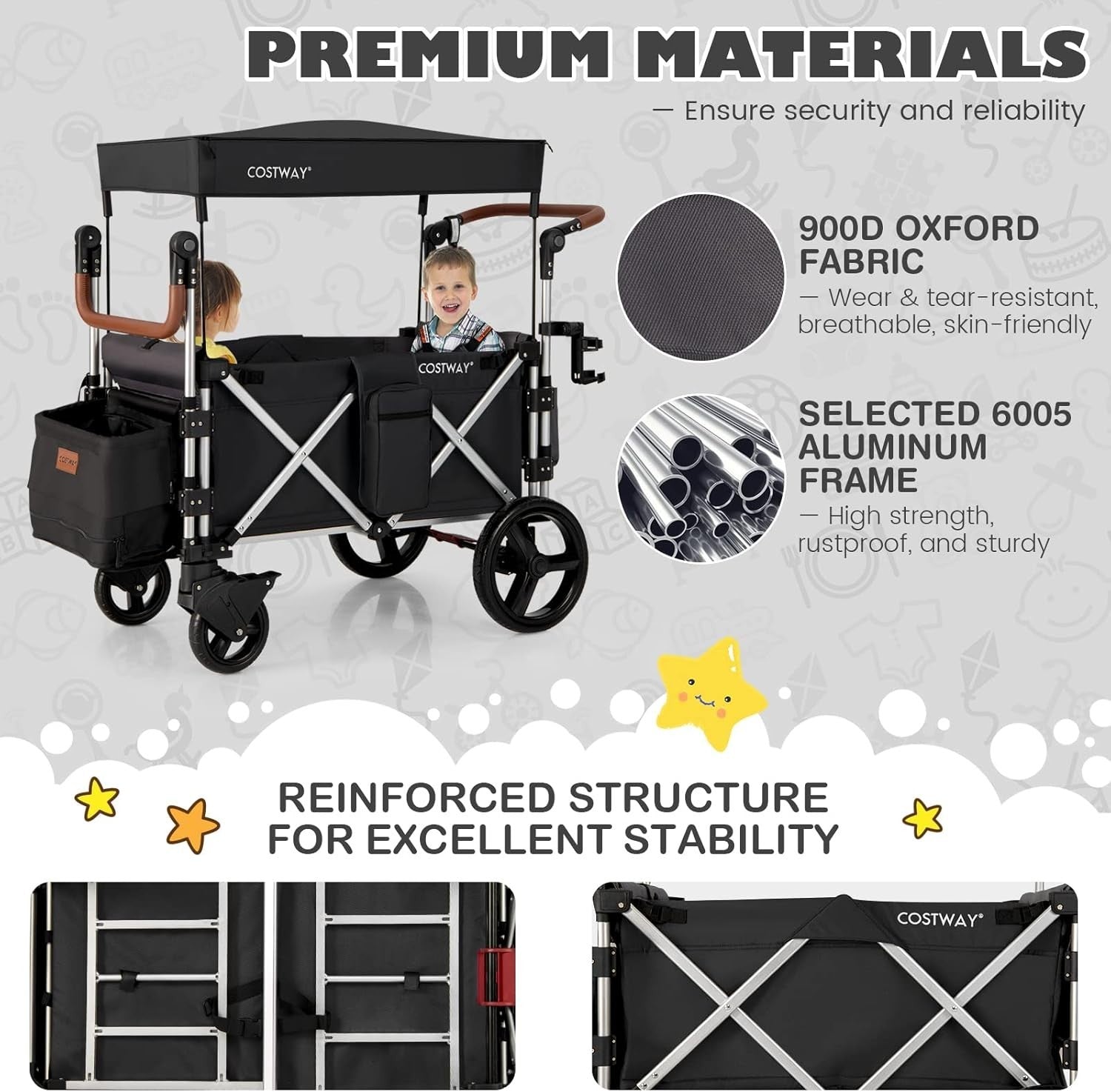 Black Push Pull Stroller Wagon 2-Seater Folding Cart w/ Canopy 5-Point Harness