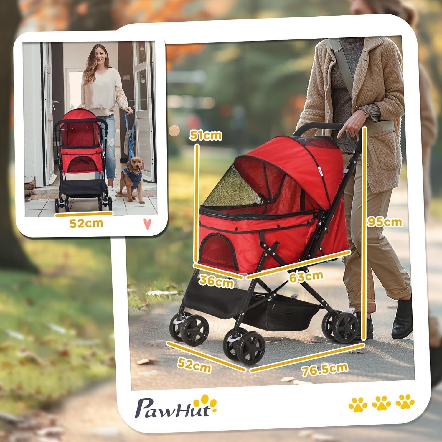 Red Foldable Dog Pushchair Reversible Handle Pet Stroller EVA Wheels