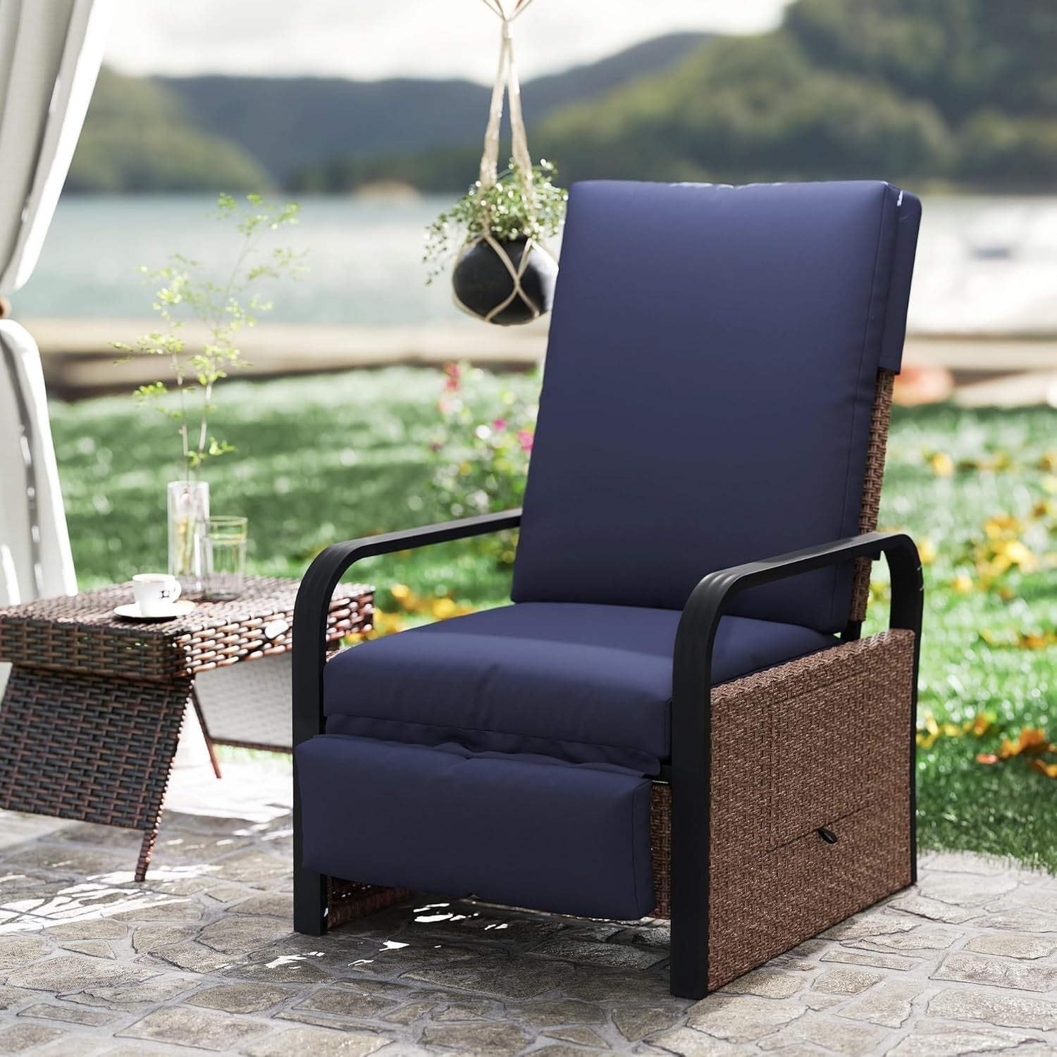 Outdoor Rattan Recliner Chair Adjustable Backrest Footrest Side Table