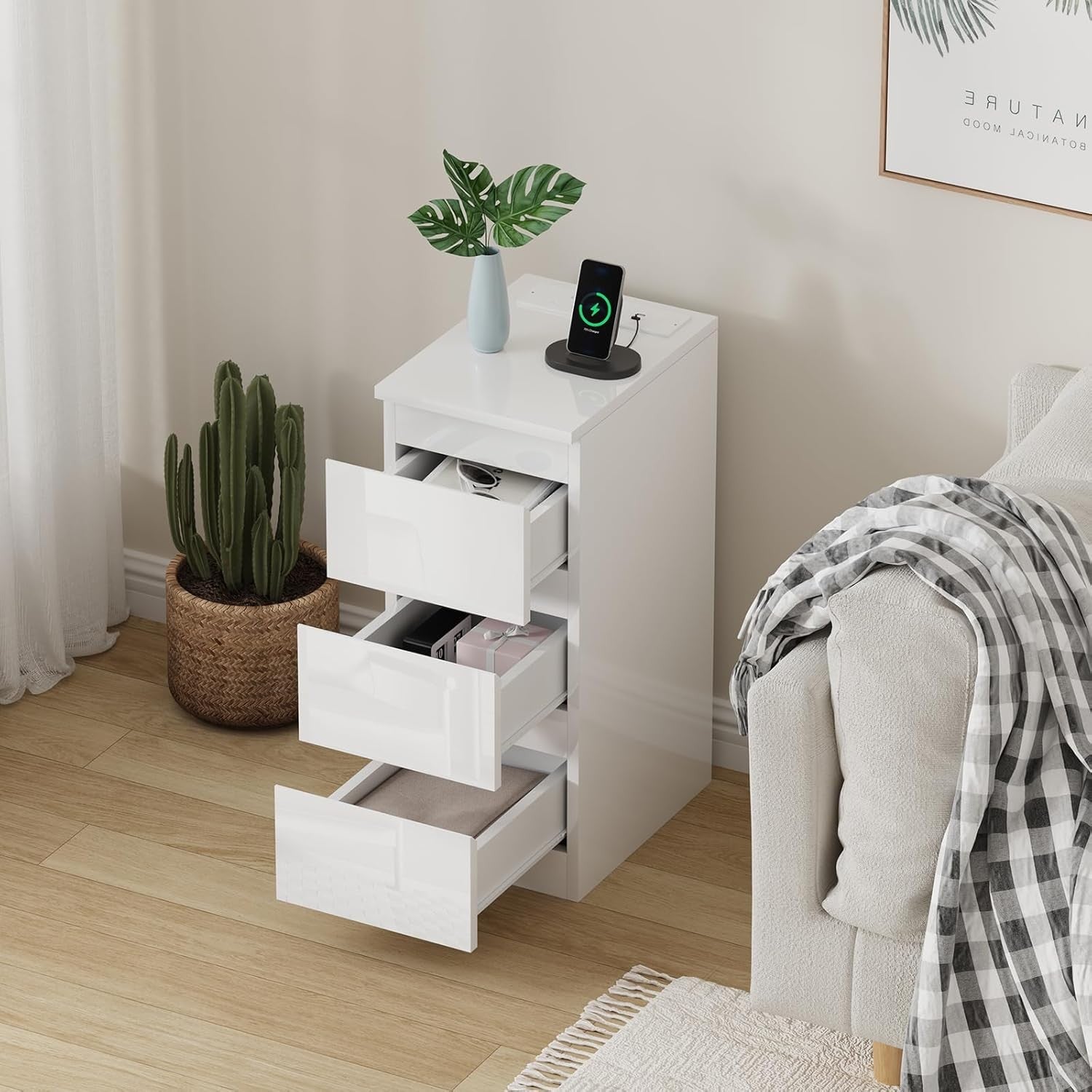 Set of 2 Charging Bedside Tables with USB Ports, Slim 3-Drawer Nightstands