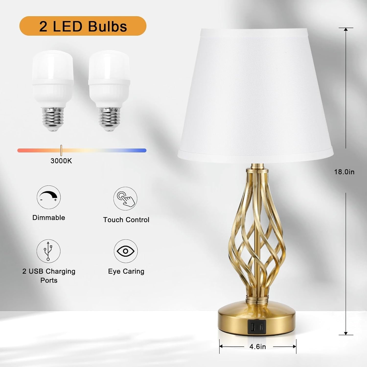 Gold Bedside Lamps Set of 2 USB Charging 3-Way Touch White Shade 47cm