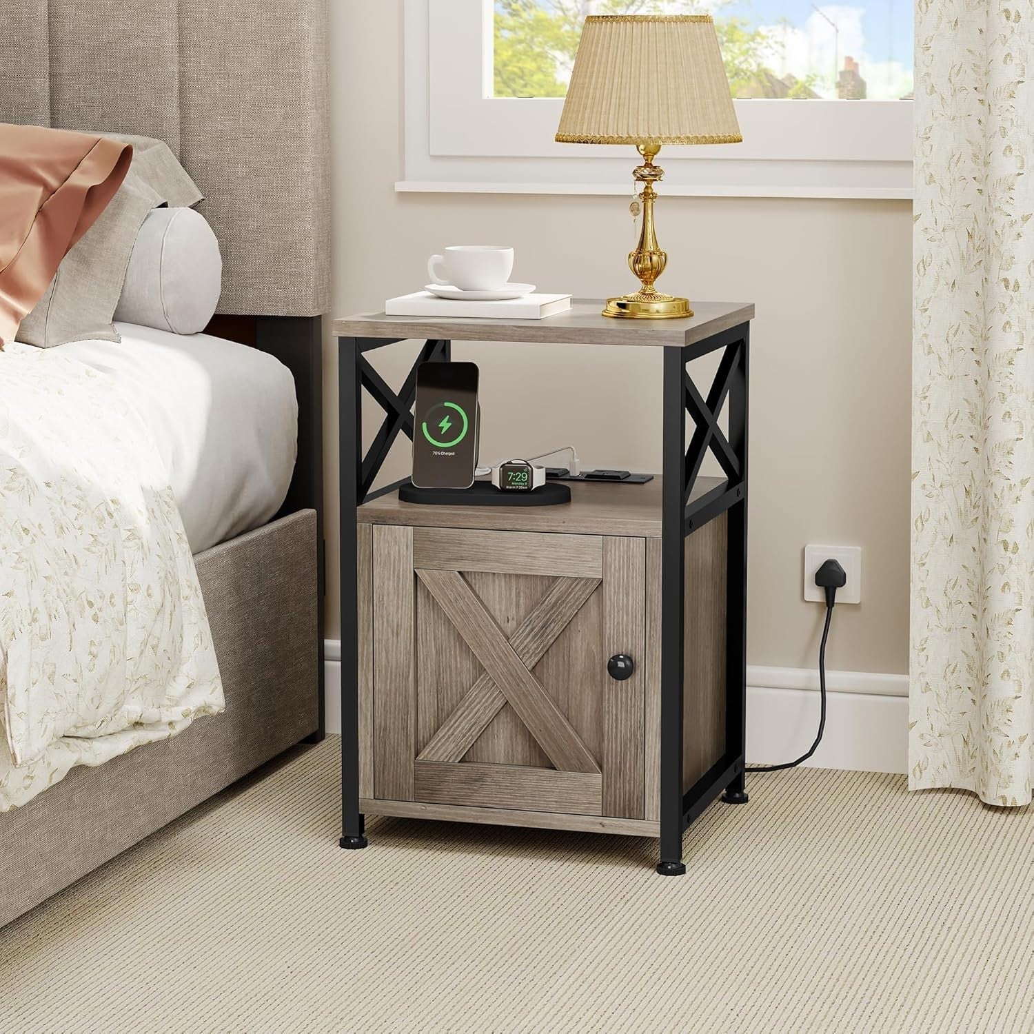 Grey Bedside Table with USB Ports & Storage Cabinet | Industrial Metal Frame