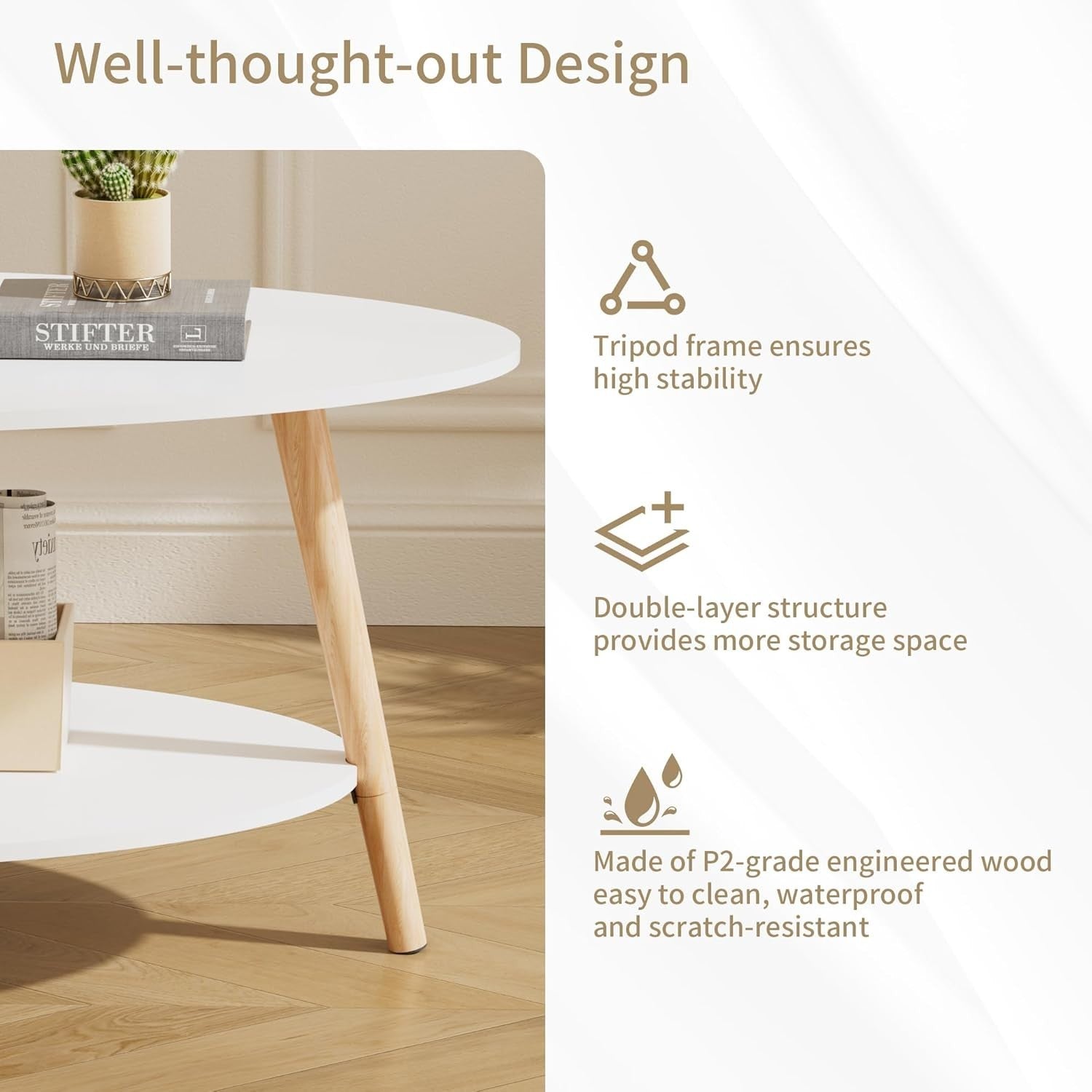 Modern Oval Coffee Table White 2-Tier Storage 90x50cm Small Space Table