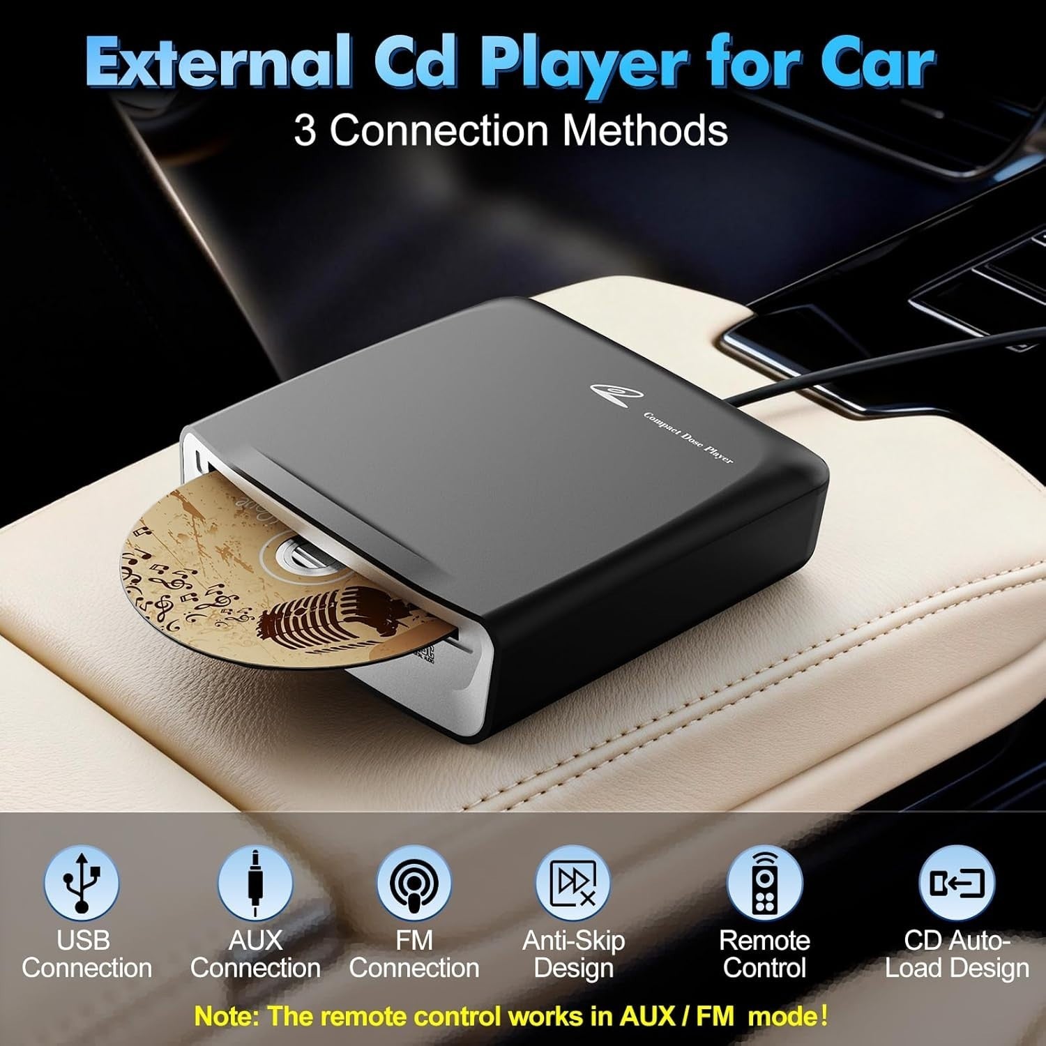 External Car CD Player USB Plug Play Portable Anti Skip Remote