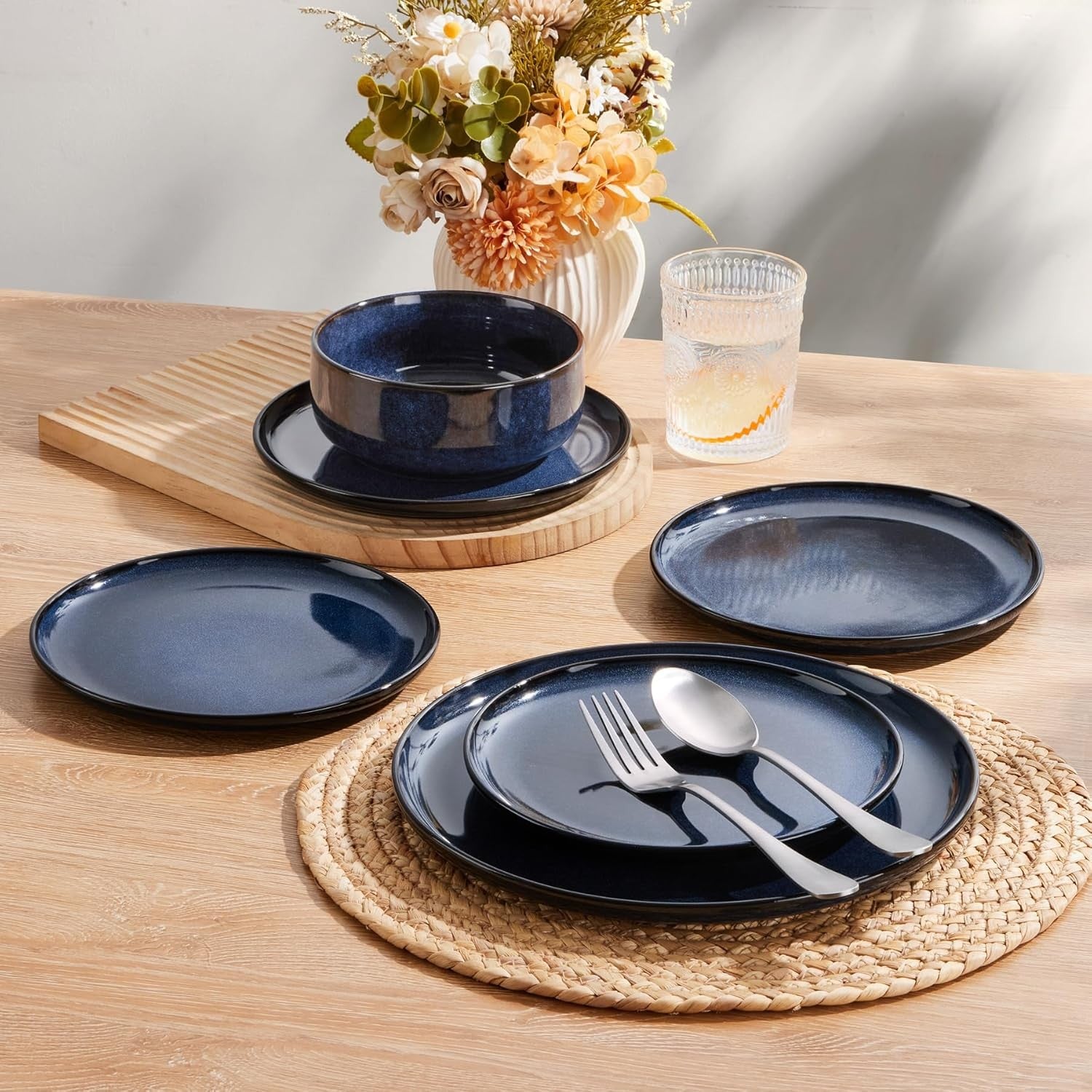 18pc Stoneware Dinnerware Set for 6 Reactive Glaze Plates Bowls Blue