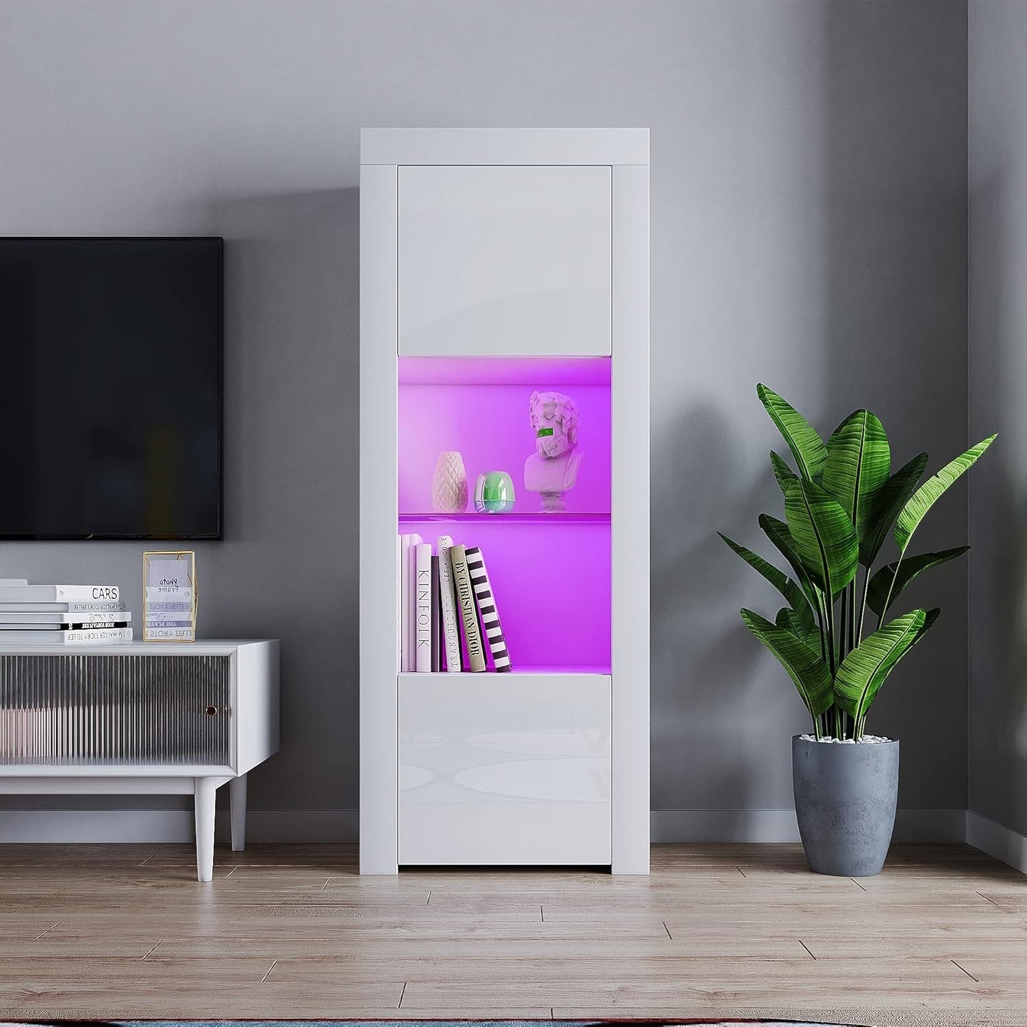 LED Lighted White Display Cabinet Sideboard with Glass Shelf 62x35x160cm
