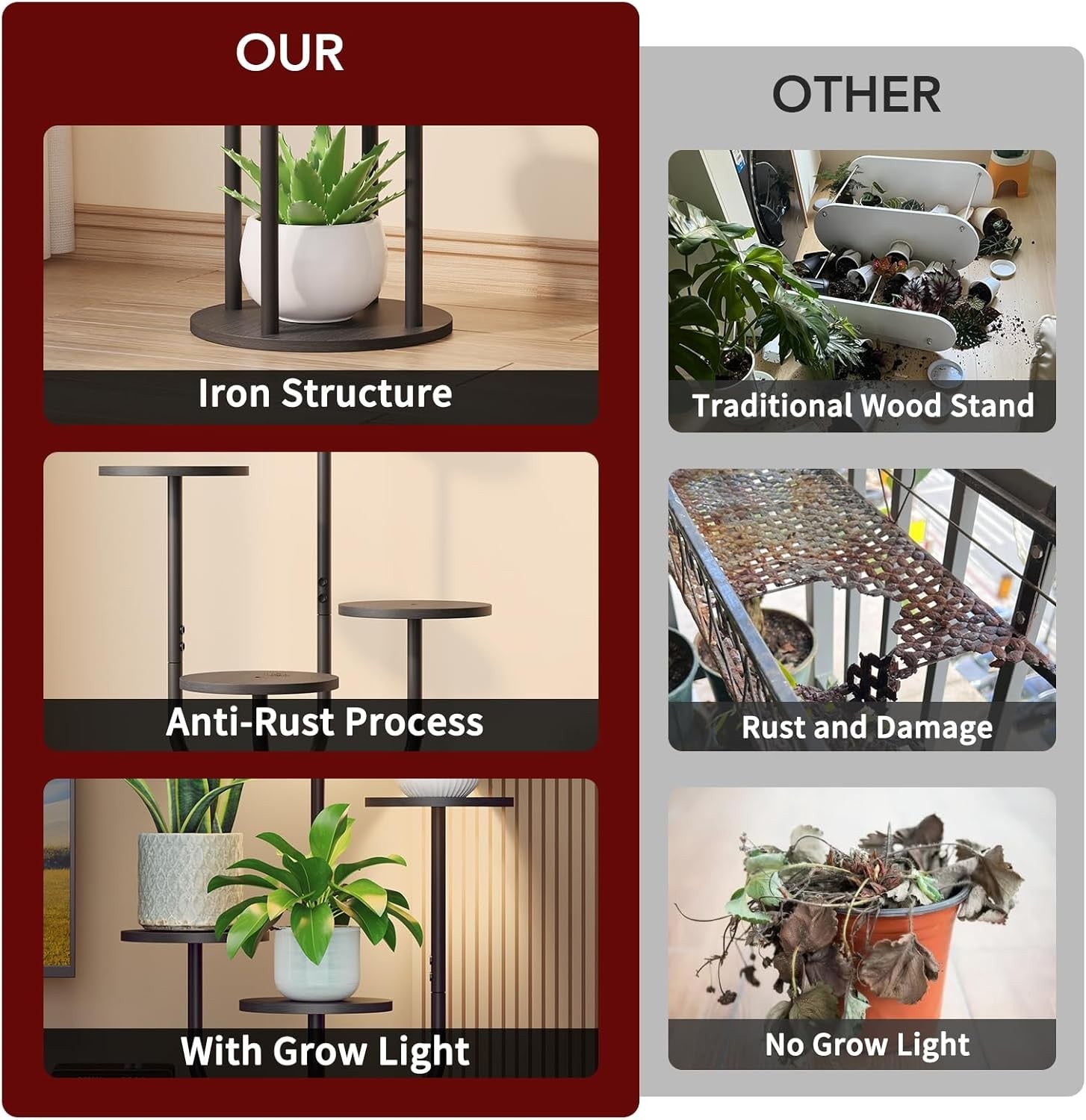 6 Tier Tall Metal Wood Plant Stand Indoor Corner Shelf Rack with Grow Light