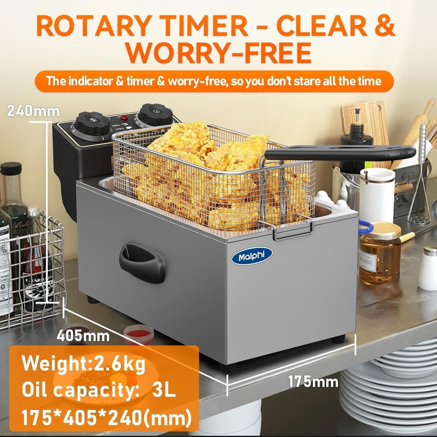 3L Electric Deep Fat Fryer 2000W Adjustable Temp Compact Chip Fryer