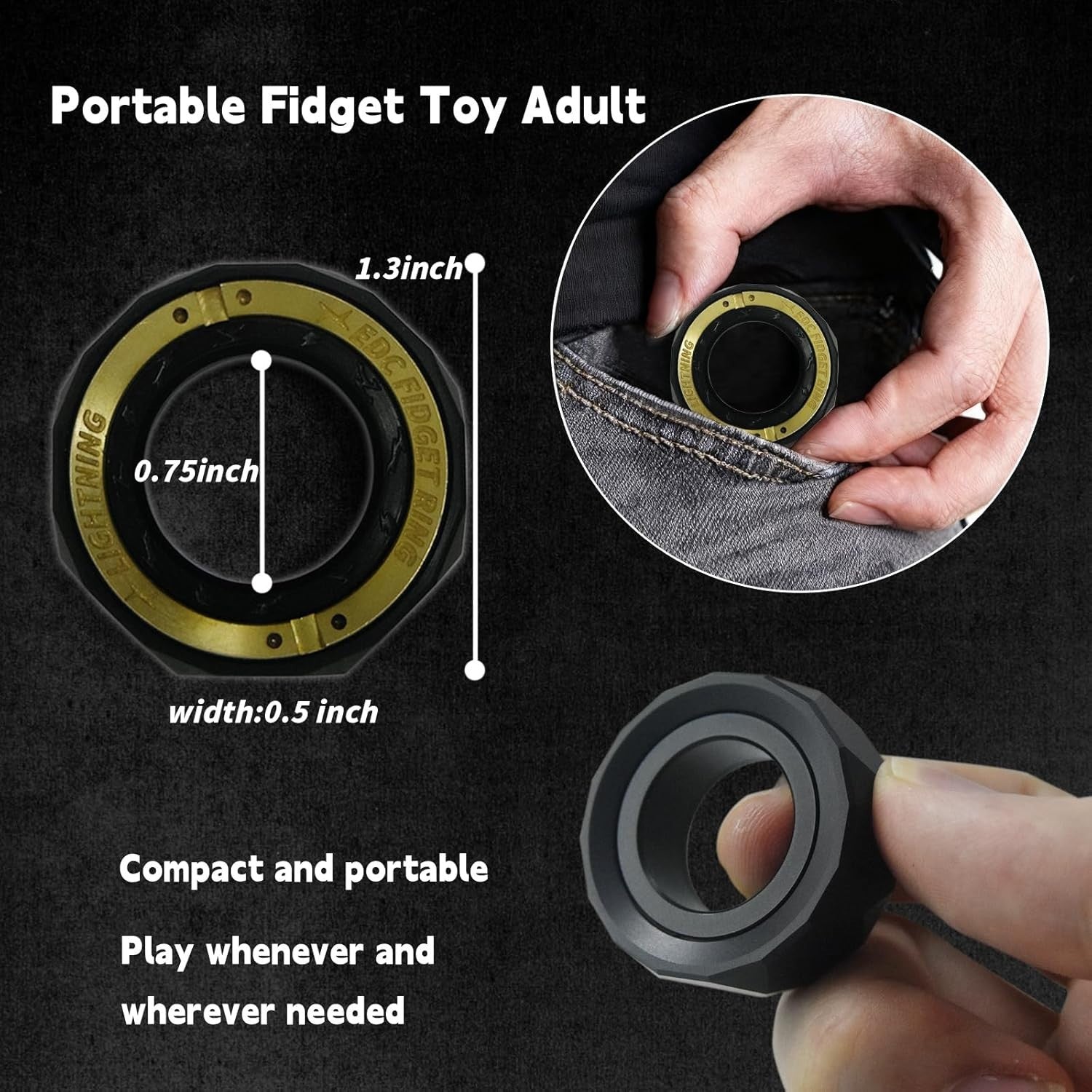 Matte Black Stainless Steel Fidget Ring Spinner Silent Click Stress