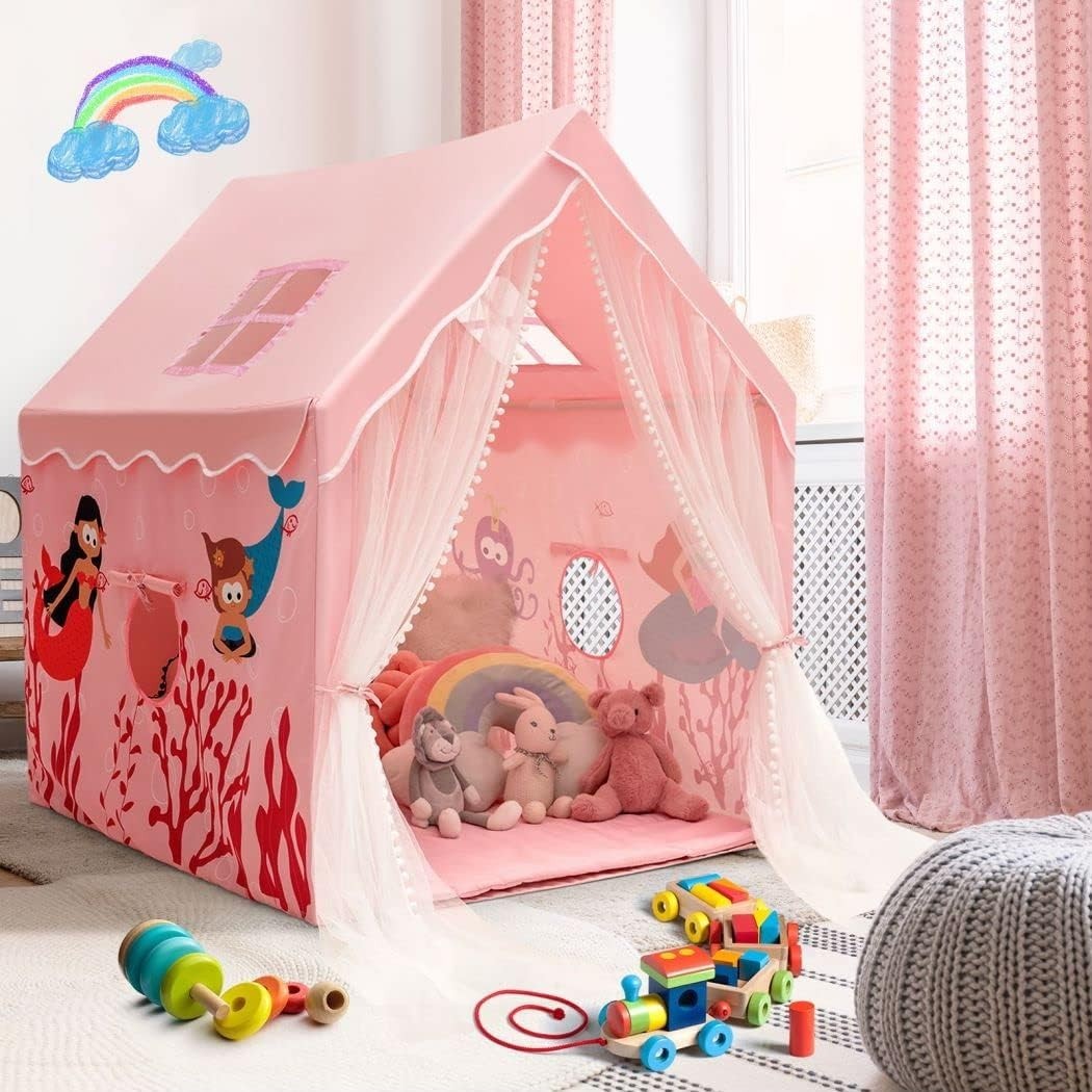 Pink Kids Castle Playhouse Tent Indoor Outdoor w Mat Windows Gift