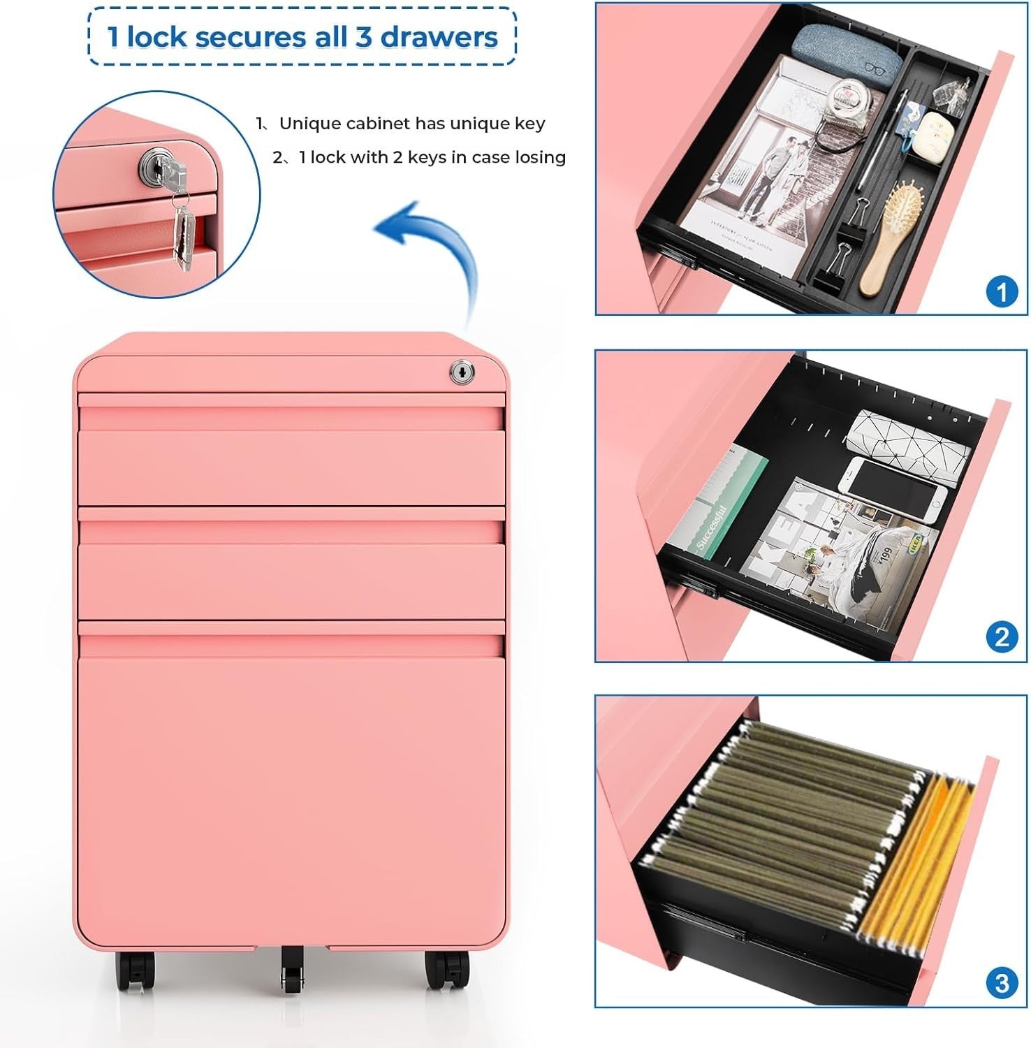 Pink Lockable Metal Filing Cabinet 3 Drawer A4 Anti Tilt on Wheels