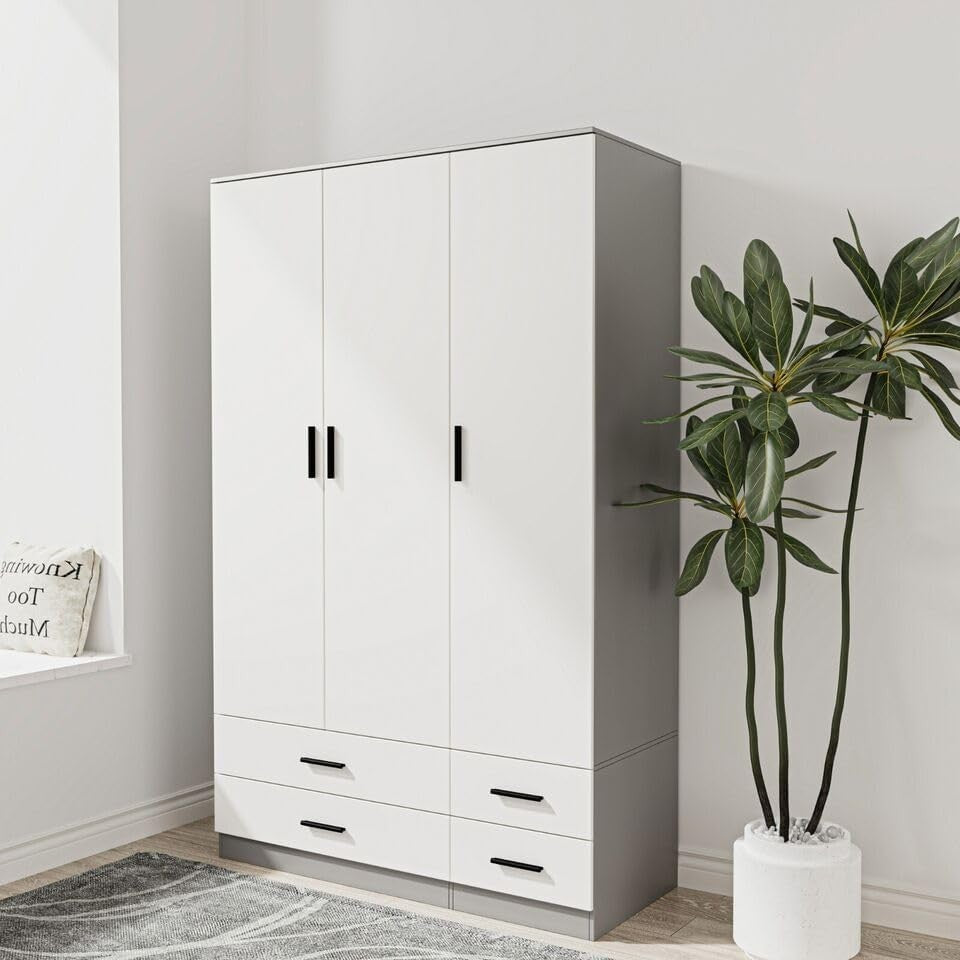 3 Door Wardrobe Grey White 4 Drawer Bedroom Storage Cupboard Hanging Rail