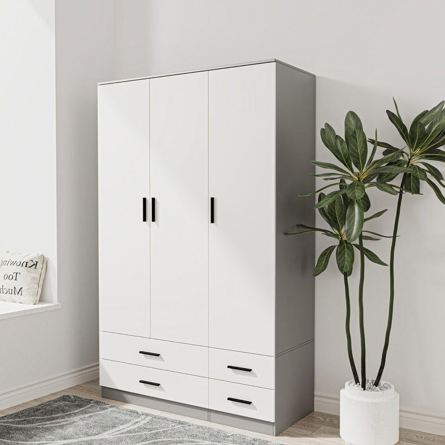 3 Door Wardrobe Grey White 4 Drawer Bedroom Storage Cupboard Hanging Rail