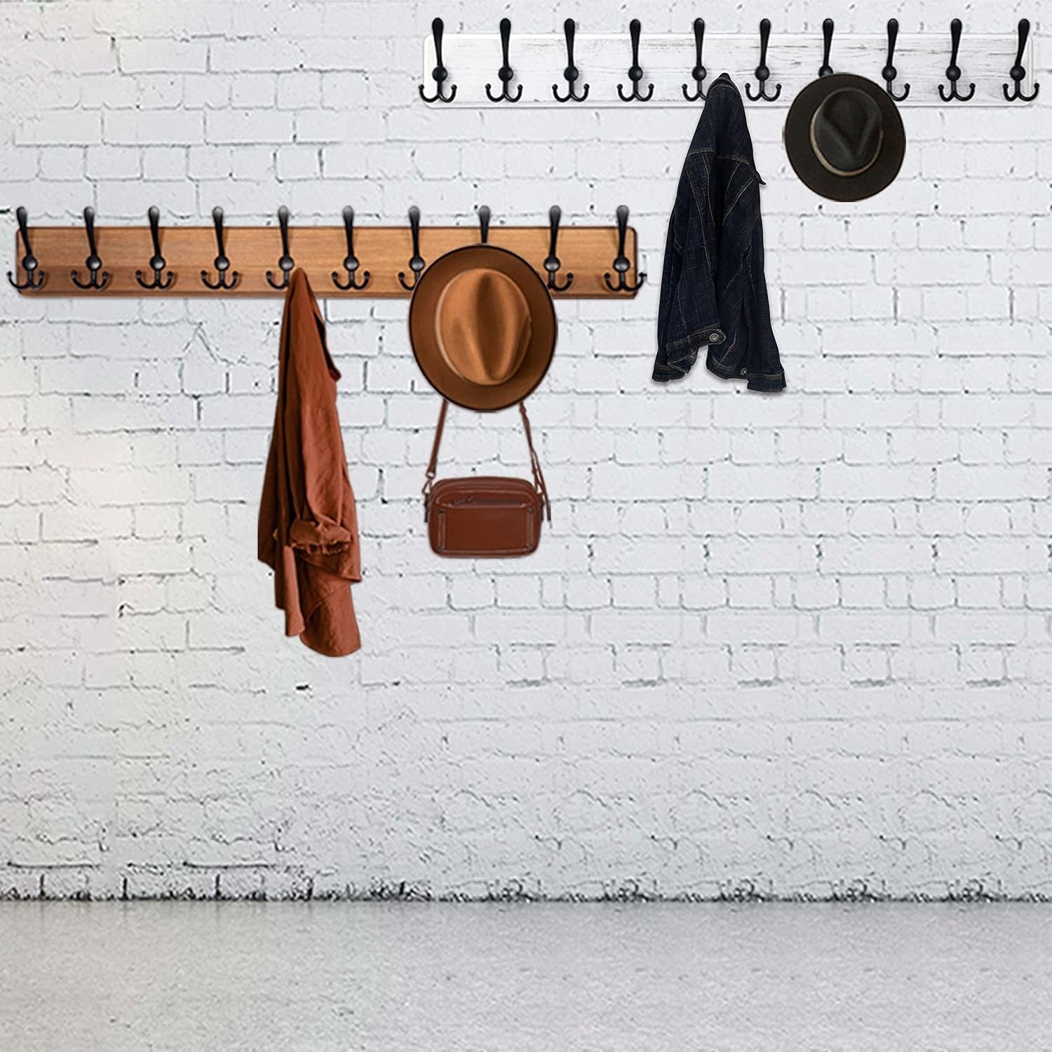 Wall Mounted Coat Rack 98cm | Rustic White Wood Hanger with 10 Hooks