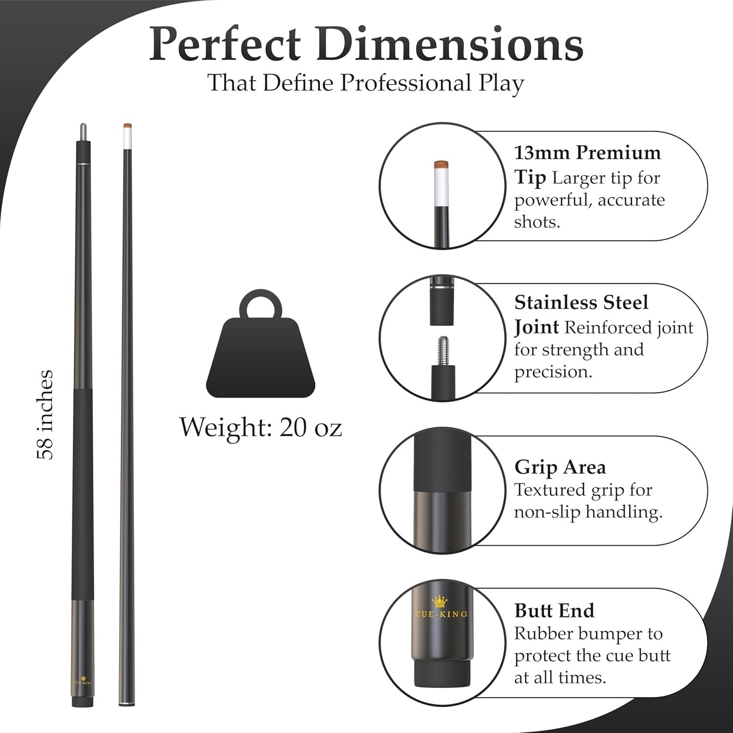 58in Pro Pool Cue Graphite Composite 20oz 13mm Tip 2pc Grip