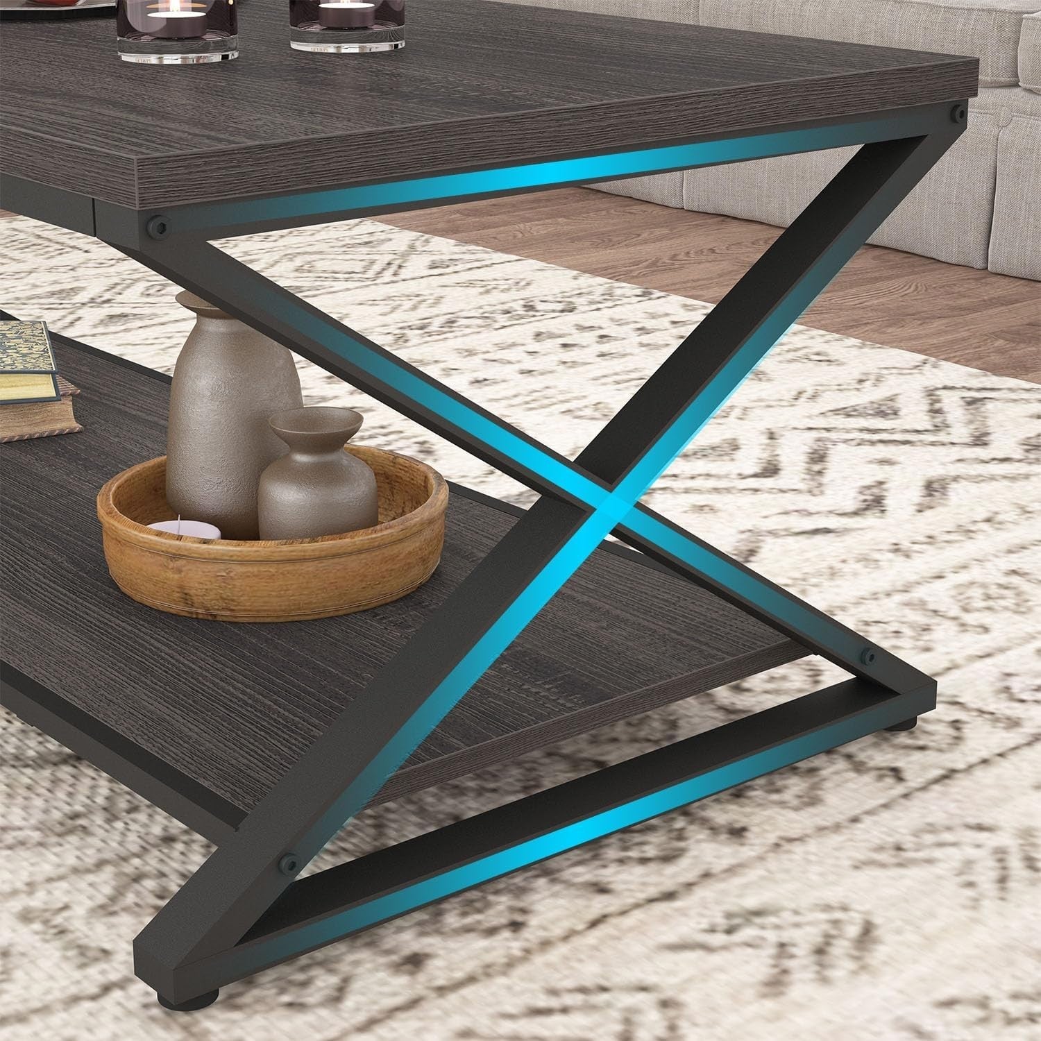 Industrial Grey Coffee Table with Storage Shelf – Modern 47" Metal Wood Design