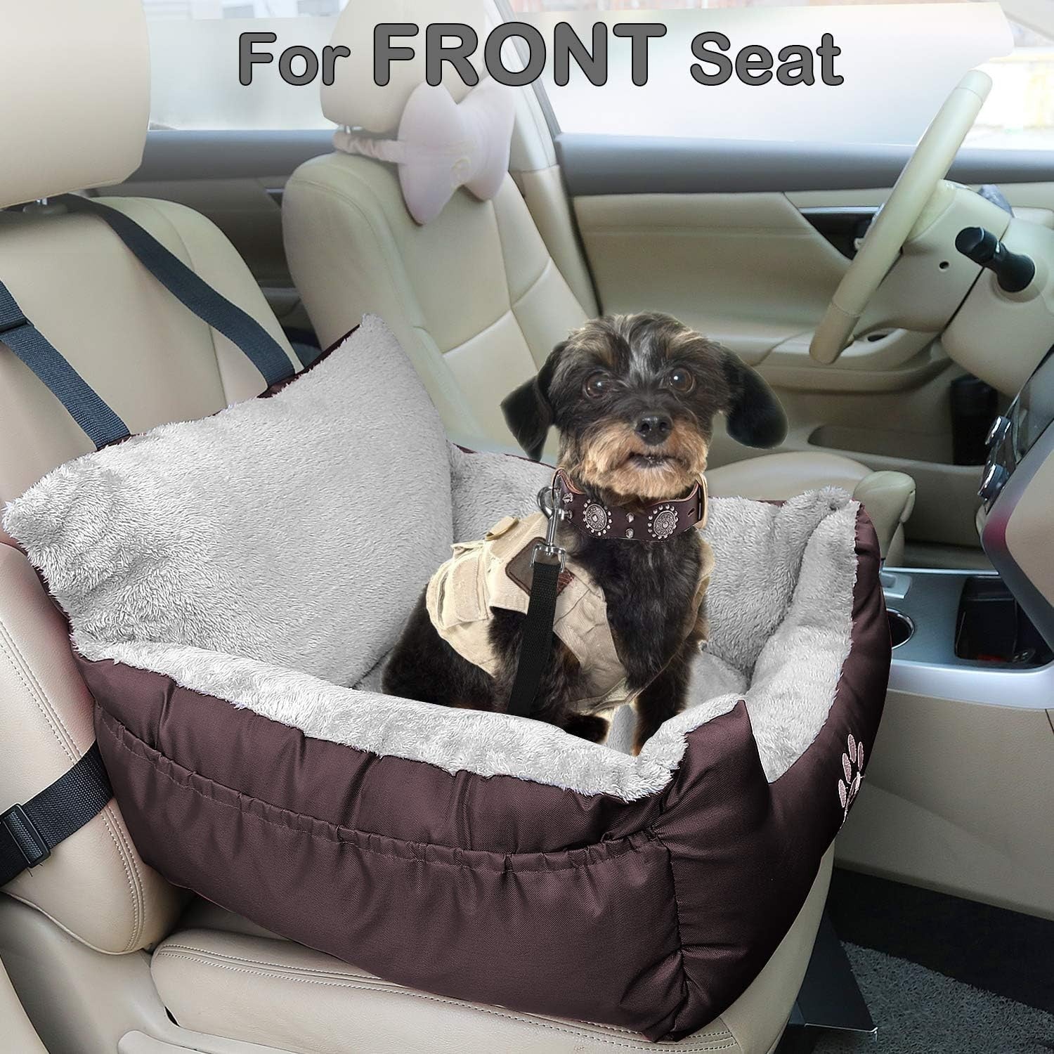 Waterproof Dog Car Booster Seat Plush Travel Bed Safety Leash Brown
