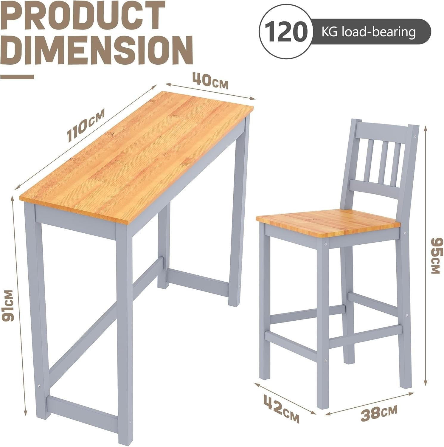 Solid Pine Wood Bar Table Set with 2 Stools | Compact Kitchen & Dining
