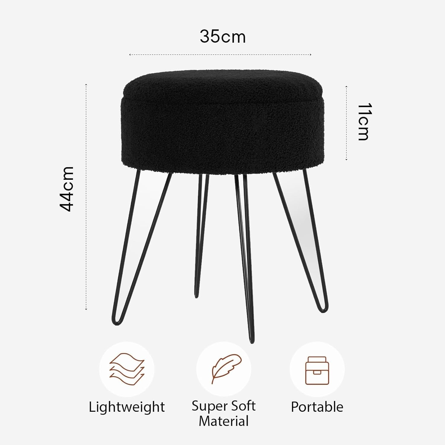 Black Bouclé Storage Stool Round Footrest Hairpin Leg Vanity Seat