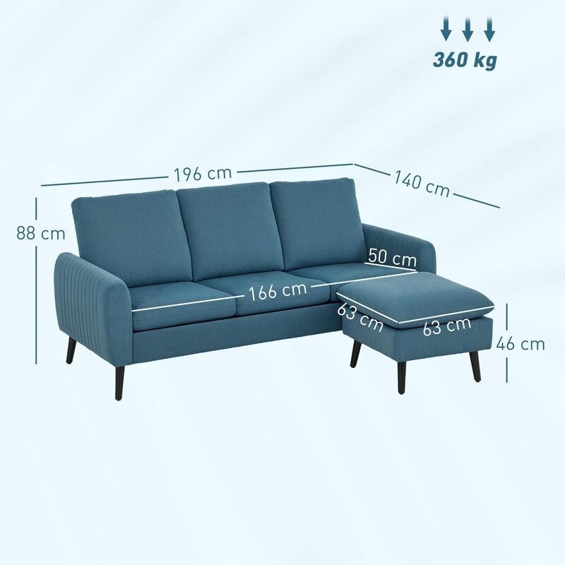3 Seater Corduroy Sofa w/ Chaise Lounge L Shape Couch Reversible Blue