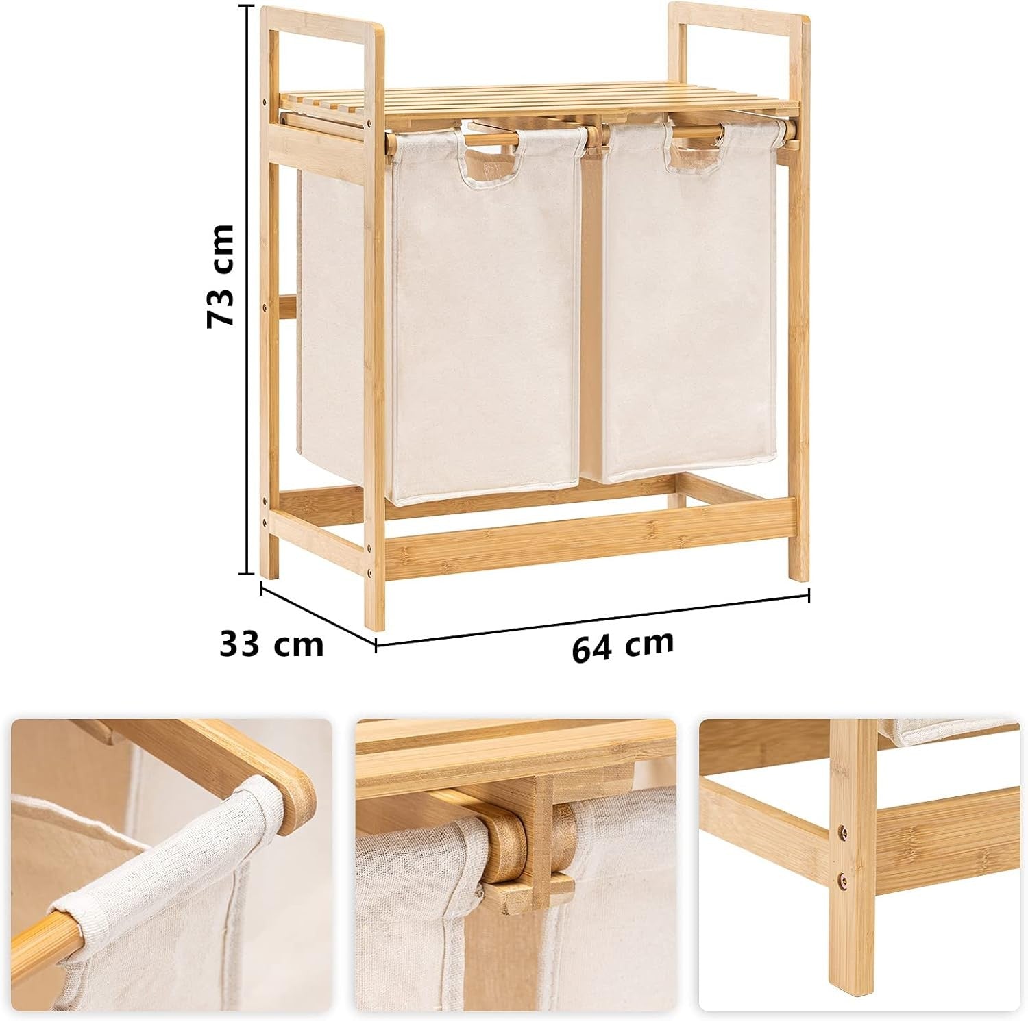 Bamboo Laundry Hamper with 2 Pull-Out Bags & Shelf Dual Laundry Sorter 73x64cm