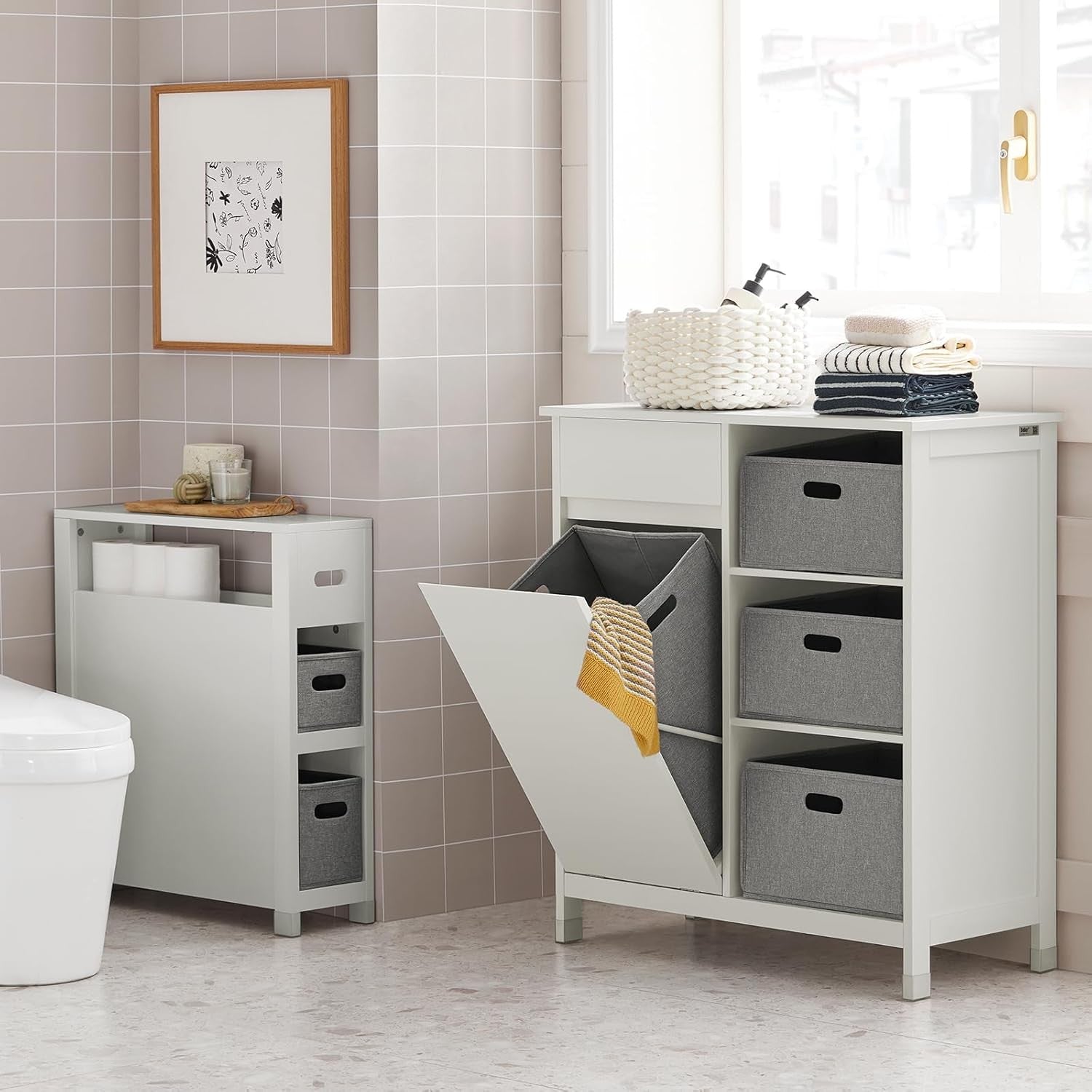 Bathroom Laundry Cabinet with Hidden Basket Drawers Storage Unit White