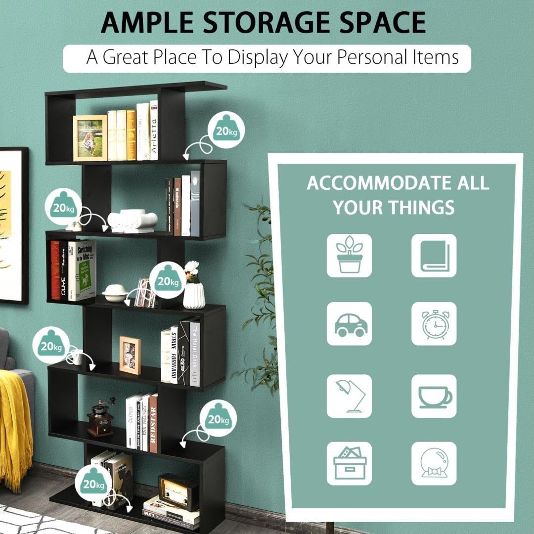 Modern 6-Tier S-Shaped Bookshelf Tall Freestanding Display Storage Unit Black