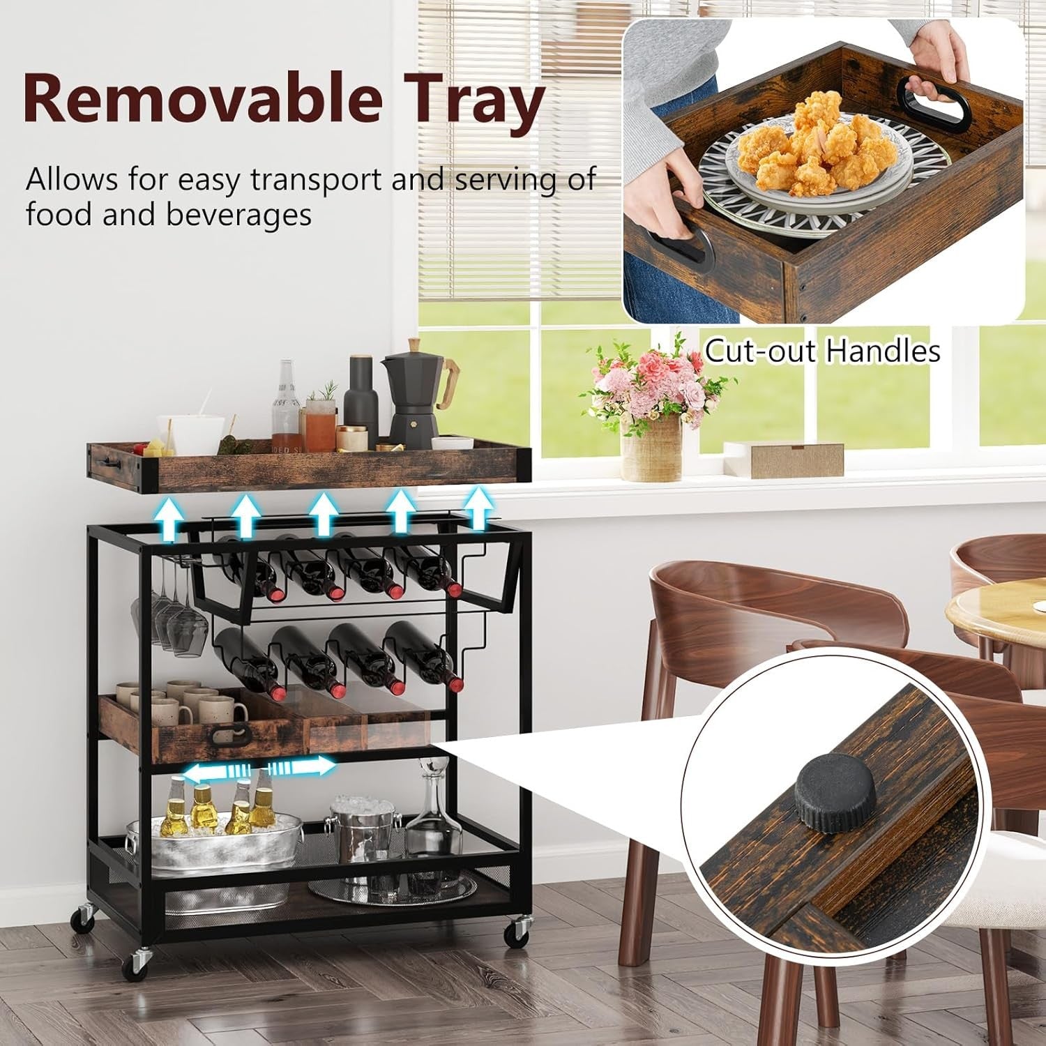3 Tier Serving Trolley Bar Cart on Wheels with Wine Rack Glass Holder Tray