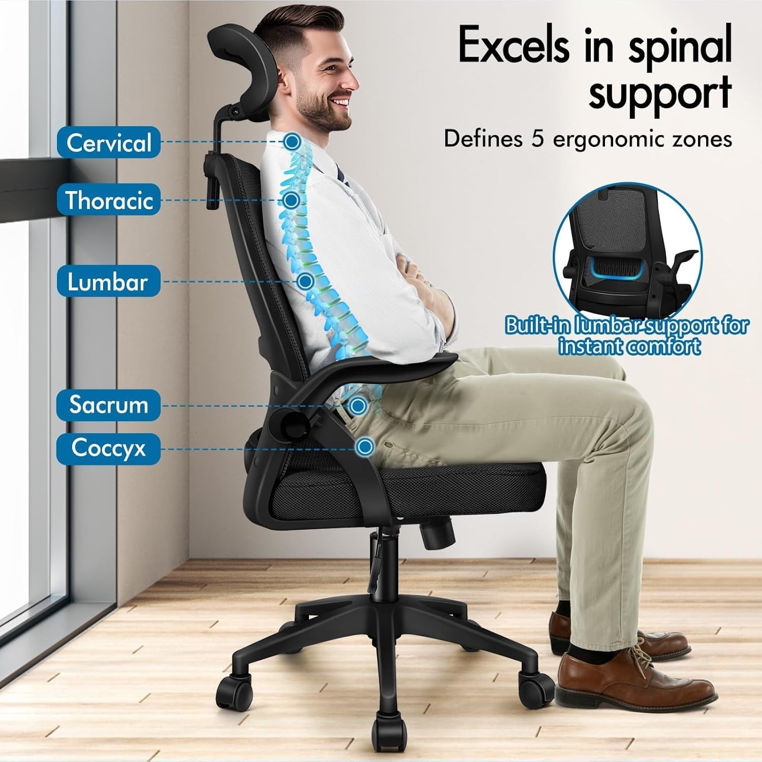 Ergonomic Mesh Office Chair Adjustable Desk Gaming Chair Flip-Up Arms Black 180k