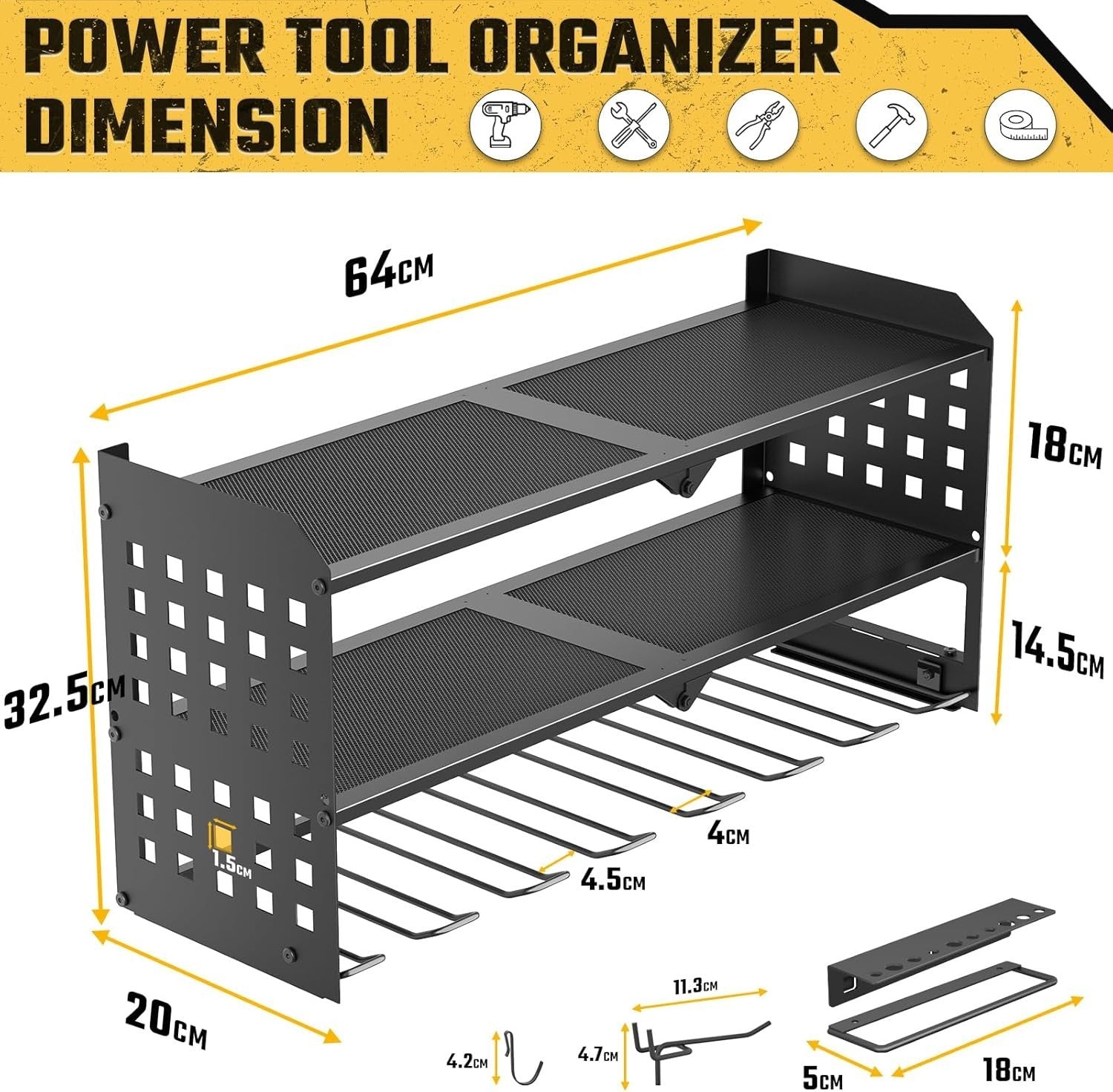 Wall Mounted Power Tool Organizer 3 Tier 7 Drill Rack Black