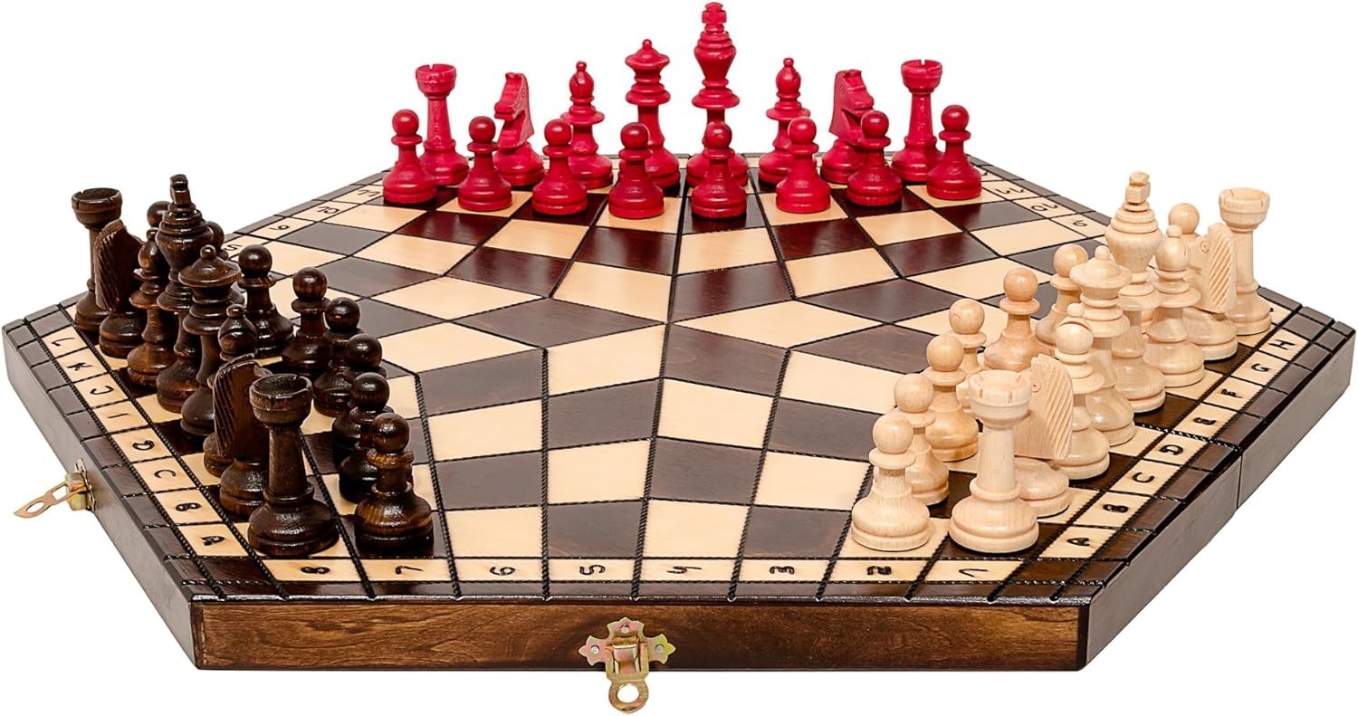 Large 3-Player Wooden Chess Set Hexagonal Board 40×35cm Handcrafted Travel