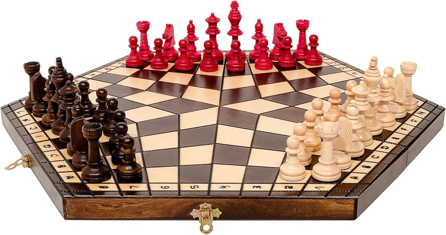 Large 3-Player Wooden Chess Set Hexagonal Board 40×35cm Handcrafted Travel