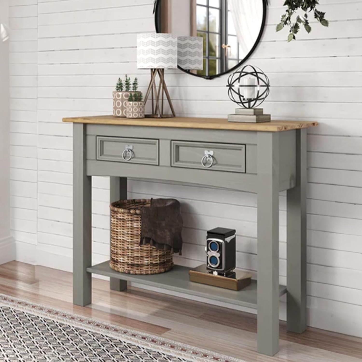 Grey Pine Console Table with 2 Drawers – Storage & Writing Desk