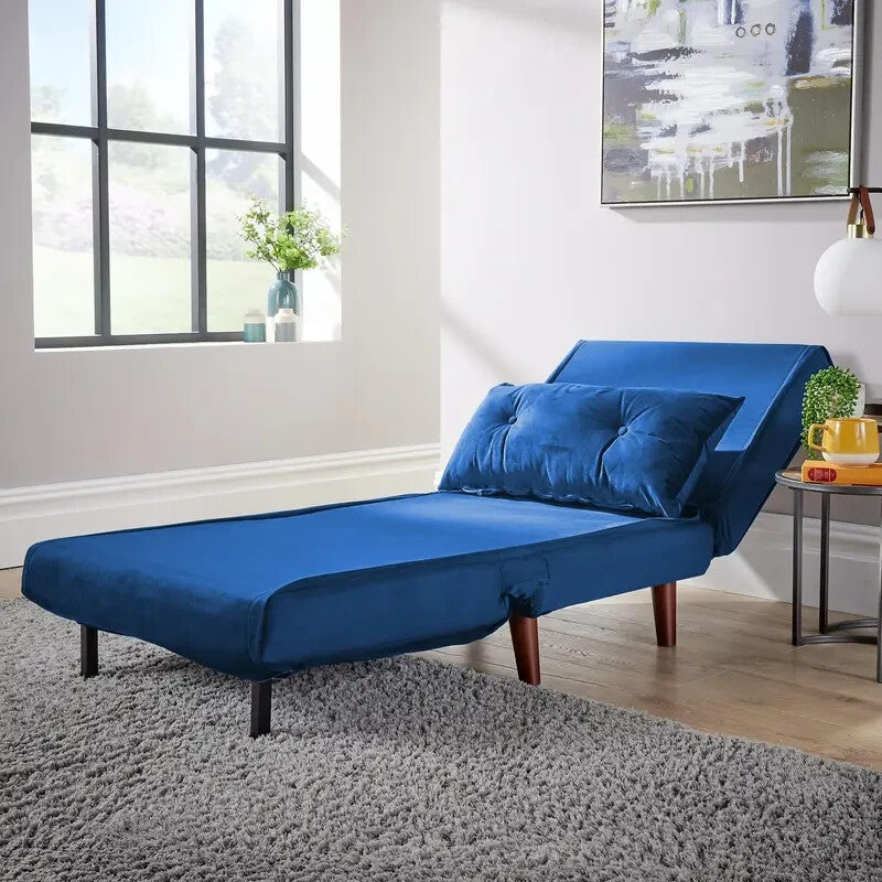 Blue Velvet Single Sofa Bed Chair Folding Seat Guest Sleeper with Pillow
