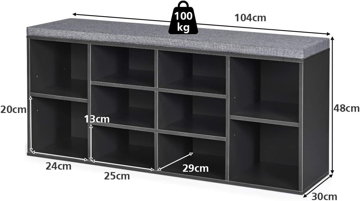 Modern Shoe Storage Bench with Cushion & Adjustable Shelves 104x30x48cm