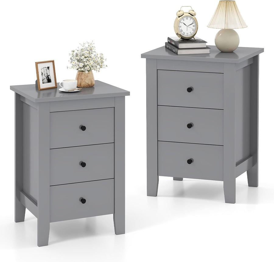 Set of 2 Grey 3 Drawer Bedside Tables | Modern Wooden Nightstands