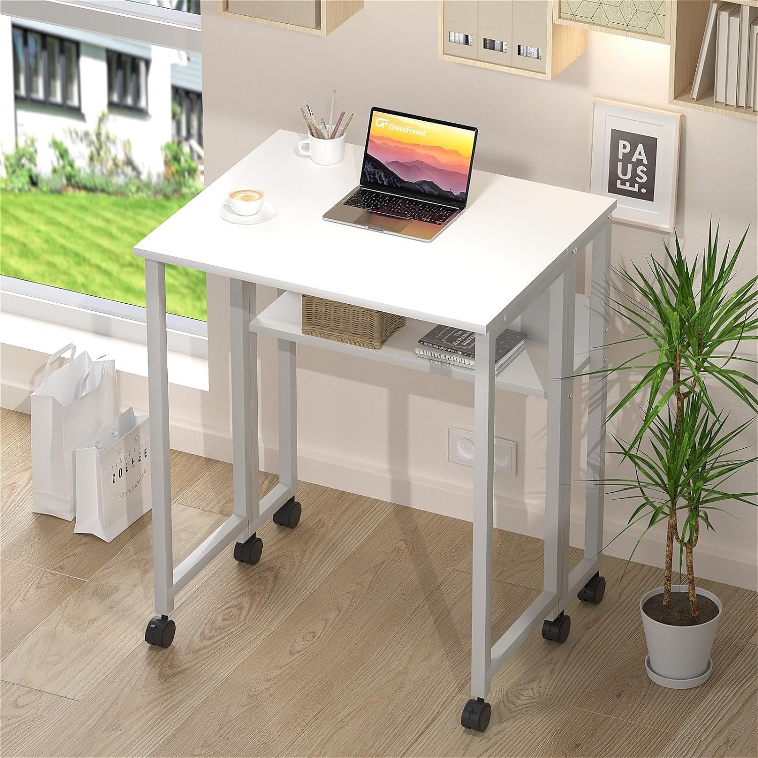 Folding Computer Desk on Wheels with Storage Shelf Space Saving White 80cm