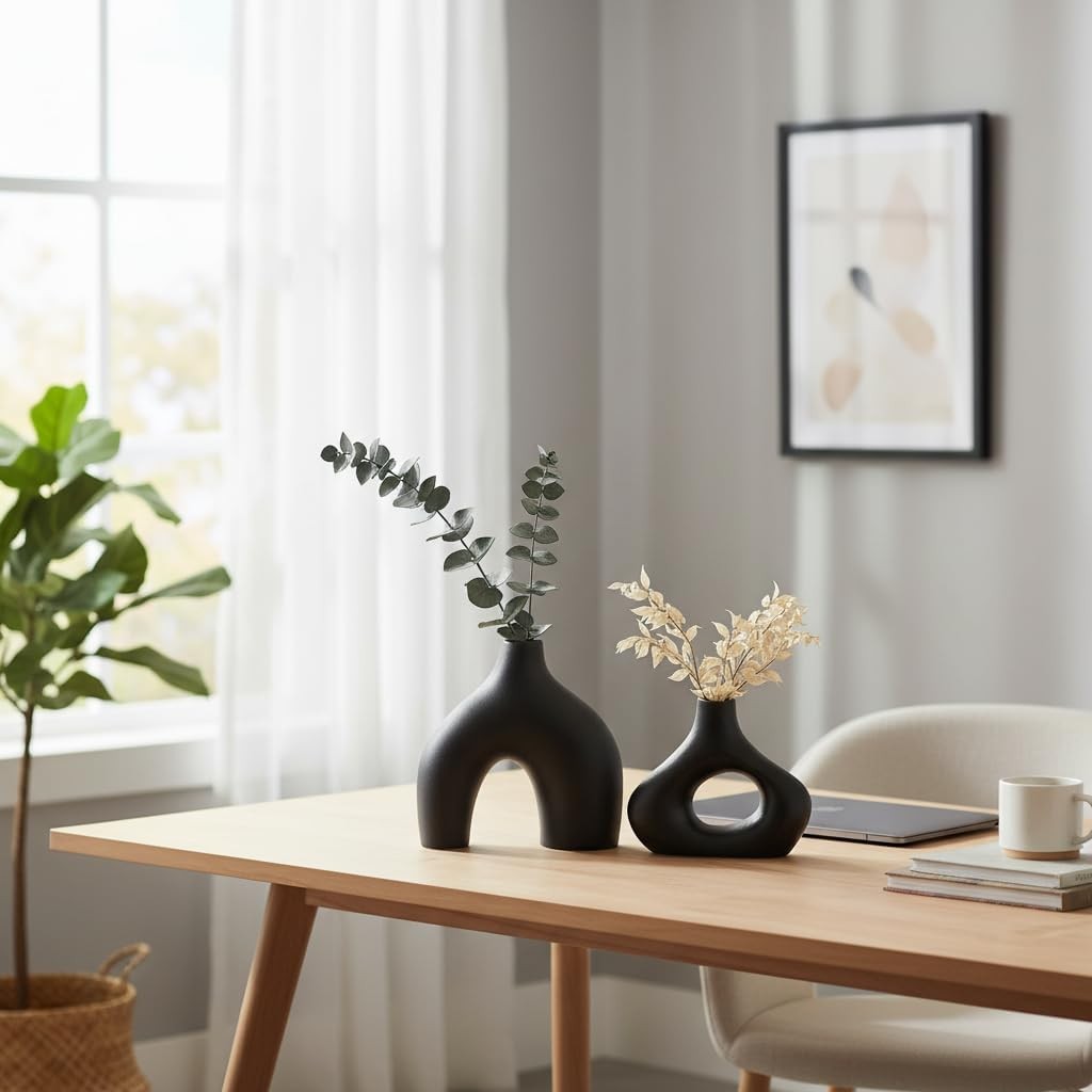 Black Ceramic Donut Vase Set Modern Nordic Hollow Decor Table Display