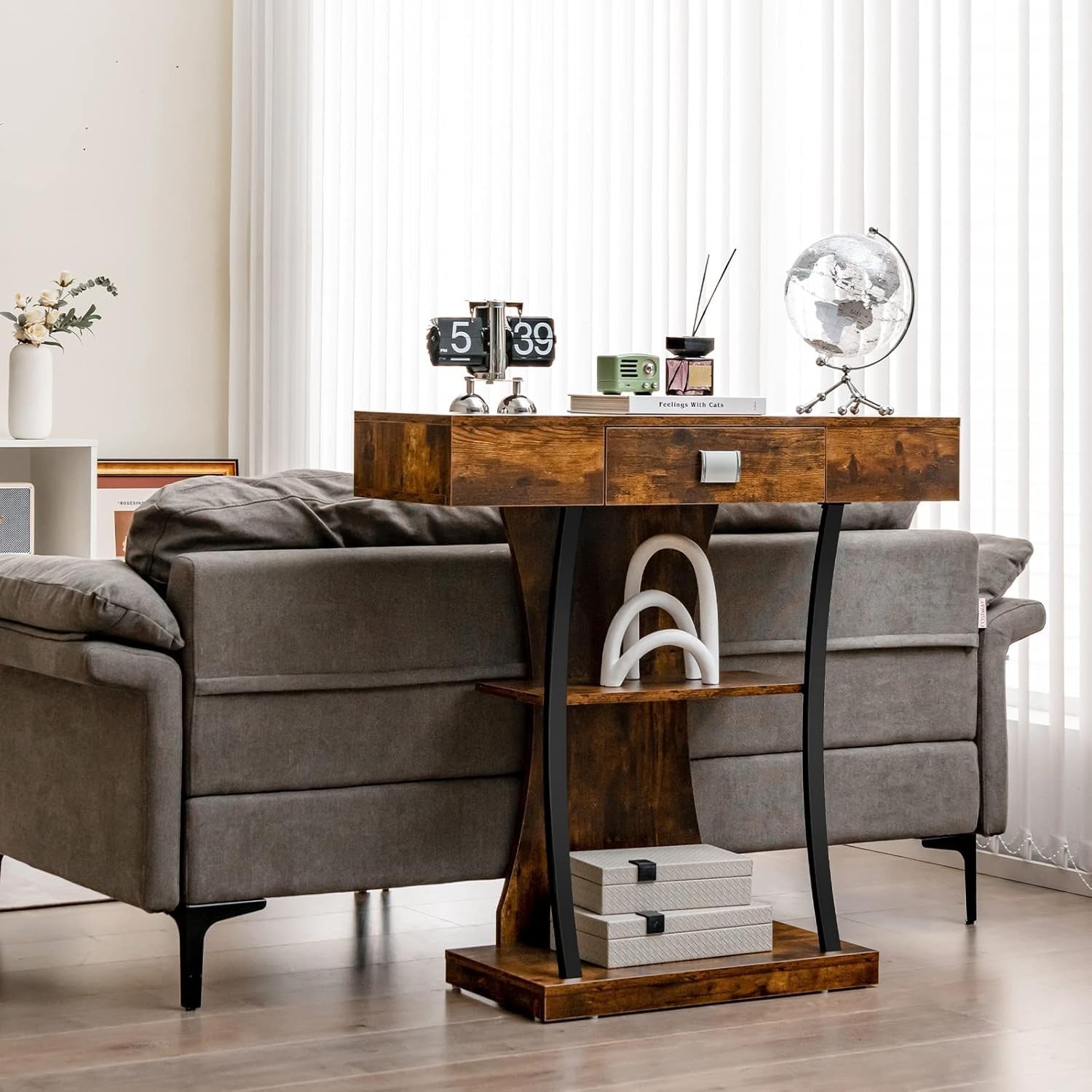 Rustic Brown Console Table with Drawer & Shelves – Slim Storage Solution