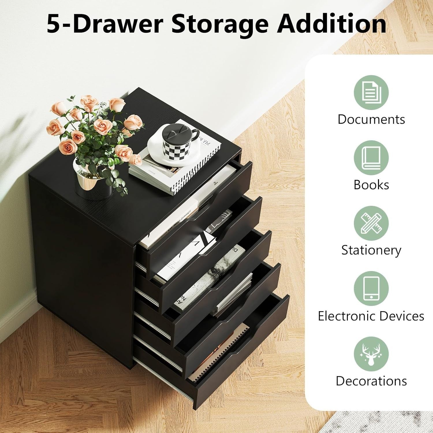 Black Mobile Filing Cabinet 5 Drawer Storage Unit with Wheels for Home Office