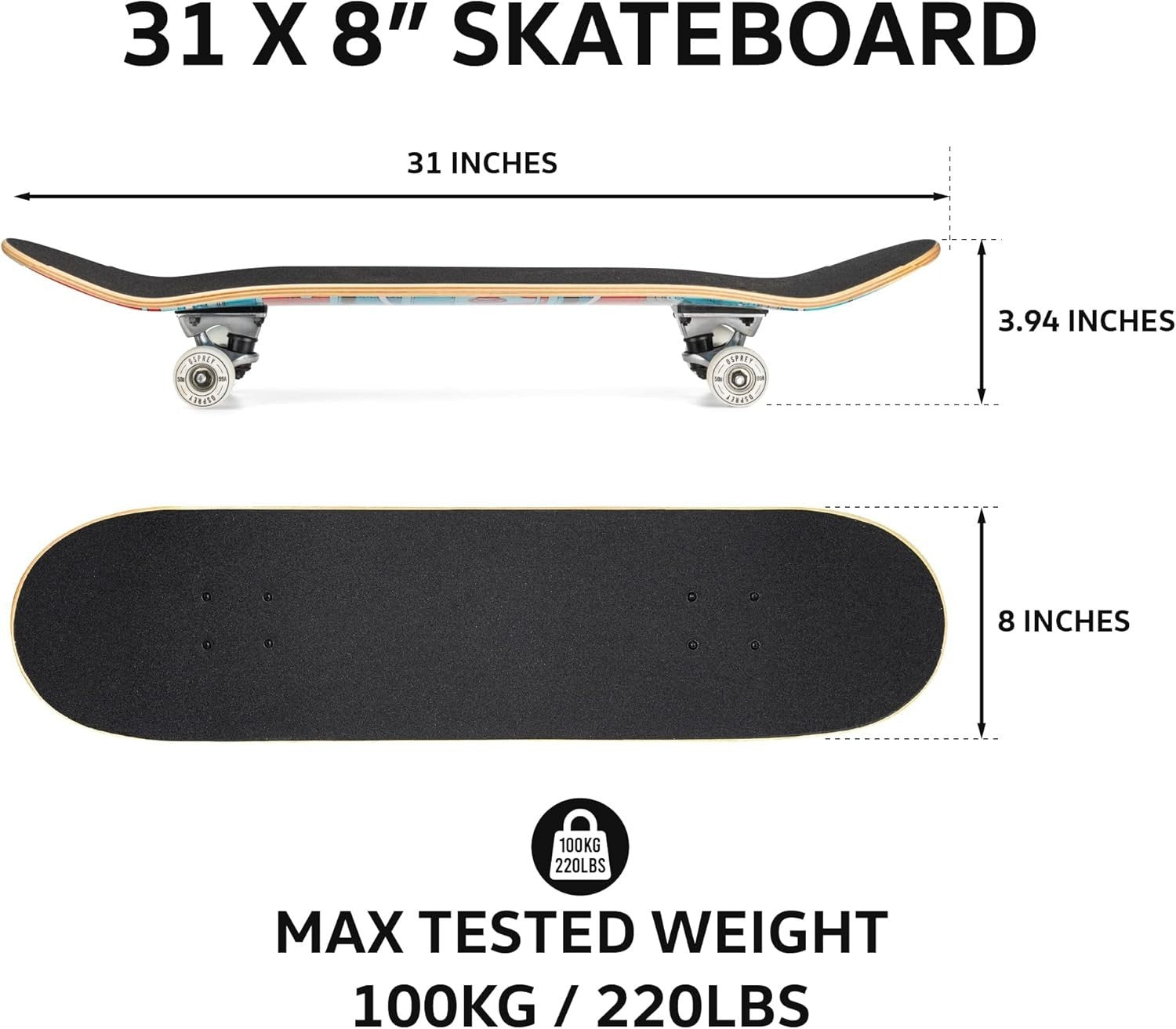 31" Double Kick Trick Skateboard 7 Ply Maple ABEC-7 Wheels Kids Adults 54mm