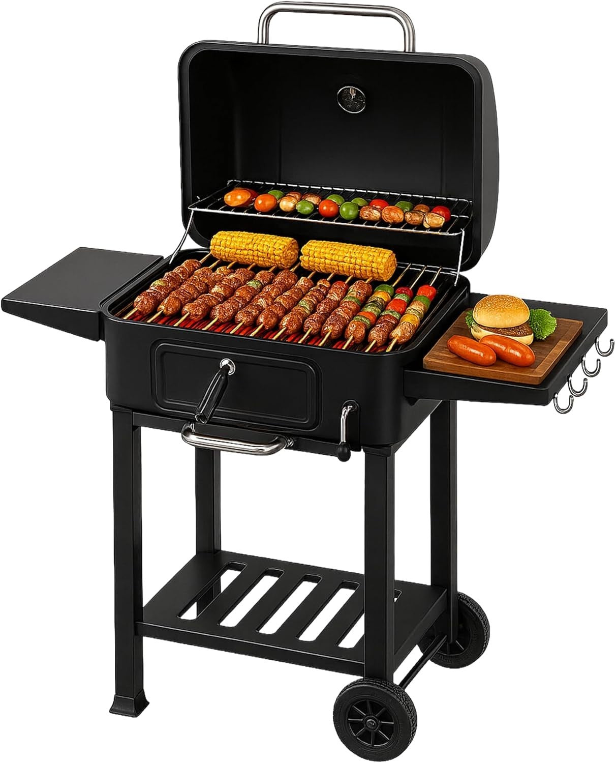 XL Charcoal BBQ Grill | Barrel Drum Smoker with Side Shelf & Warming Rack