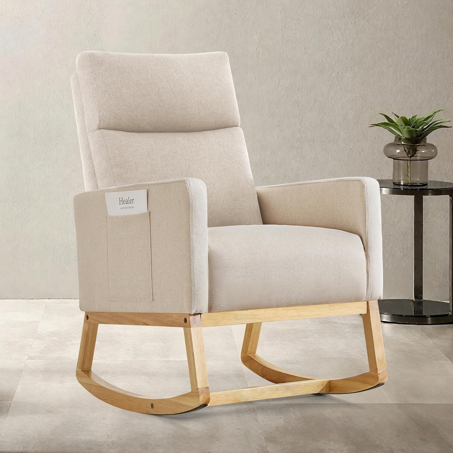 High Back Nursing Rocking Chair with Side Pockets & Durable Wood Base