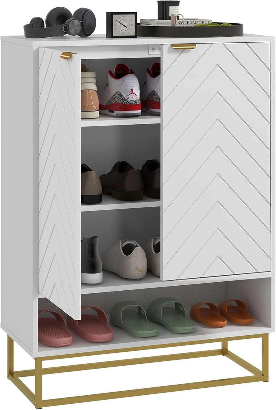 White Chevron 2-Door Shoe Cabinet 12-Pair Storage 73x35x95cm