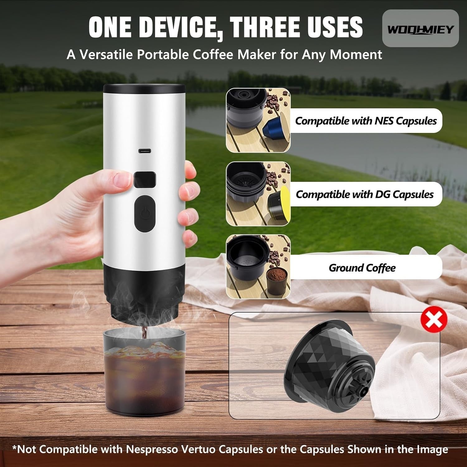 Portable Self-Heating Espresso Maker 15Bar Travel Capsule & Ground Coffee