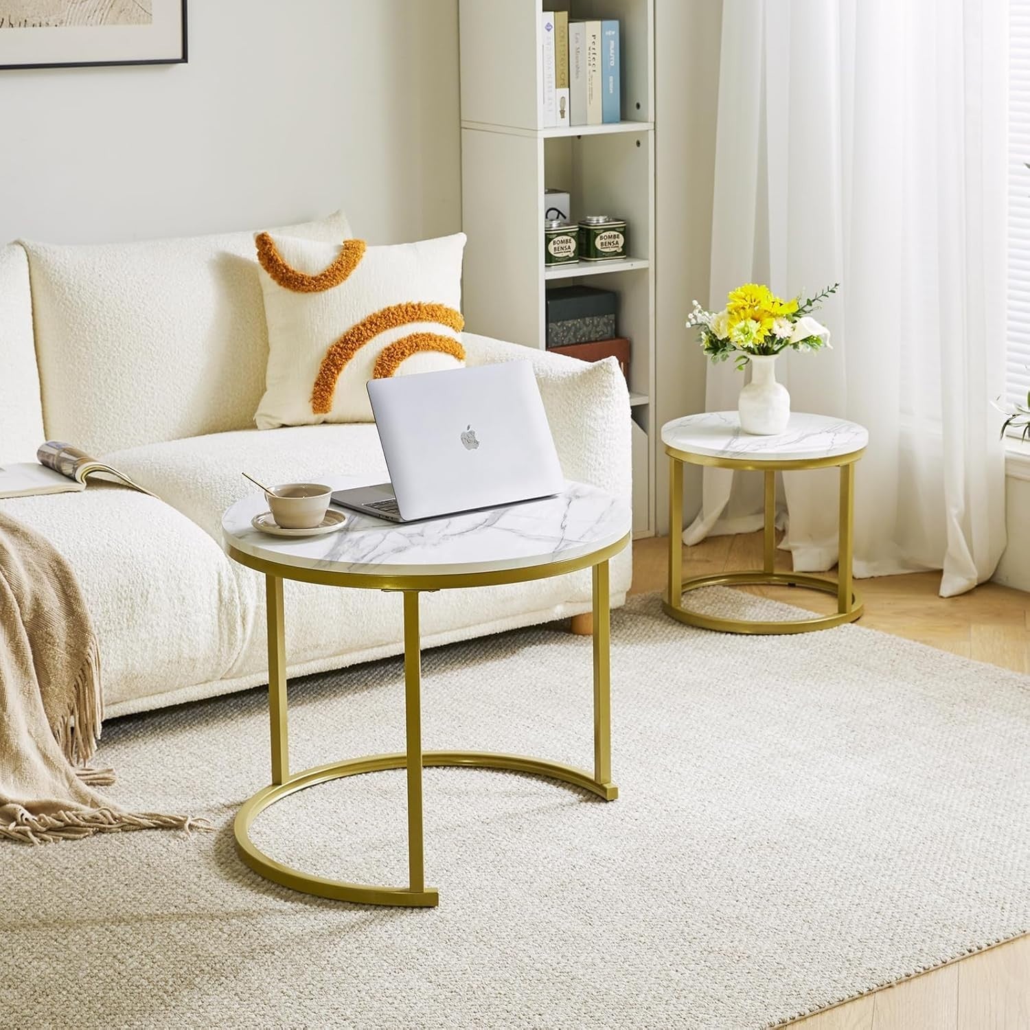 2pc Round Nesting Coffee Table Set Marble Look Gold Metal Legs Space Saving
