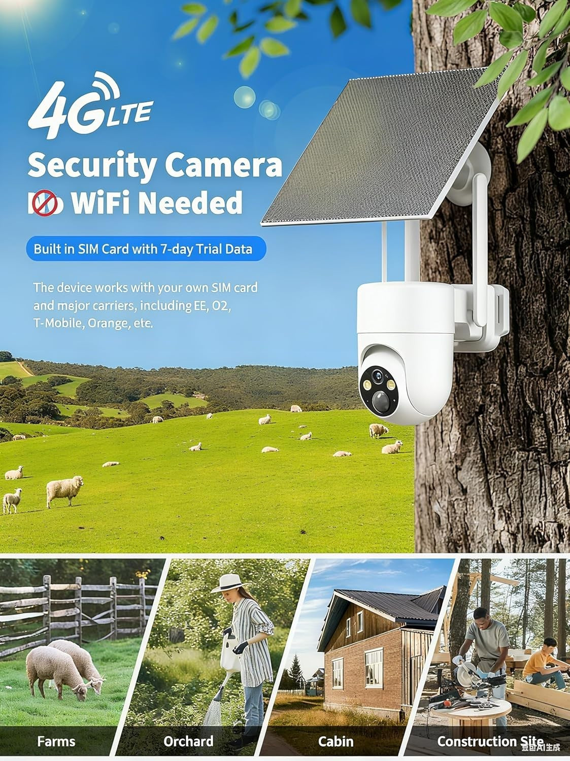 4G LTE Solar Security Camera 2K PTZ SIM Card CCTV No WiFi