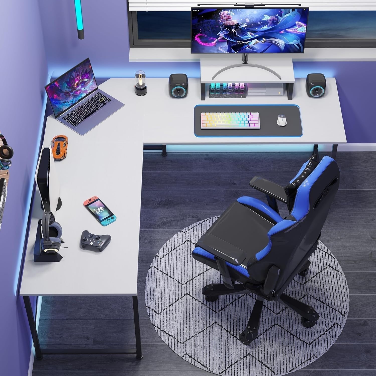 White L-Shaped Corner Desk with Stand – Home Office Gaming Workstation